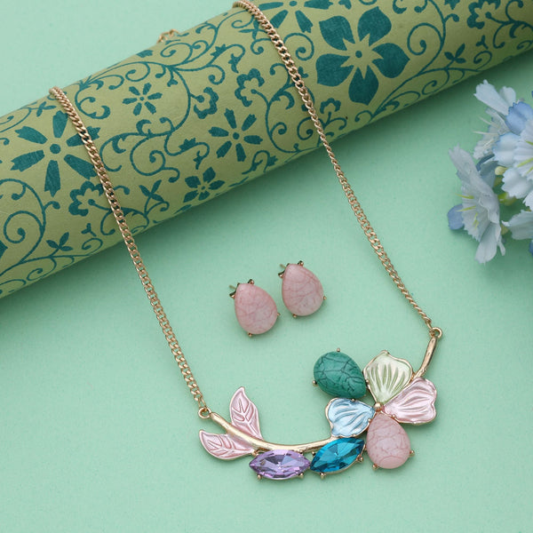 Multi Color Flower Design Anti Tarnish Necklace Set Artistic Floral