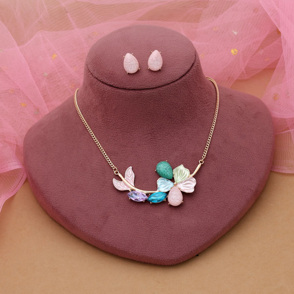 Multi Color Flower Design Anti Tarnish Necklace Set Artistic Floral