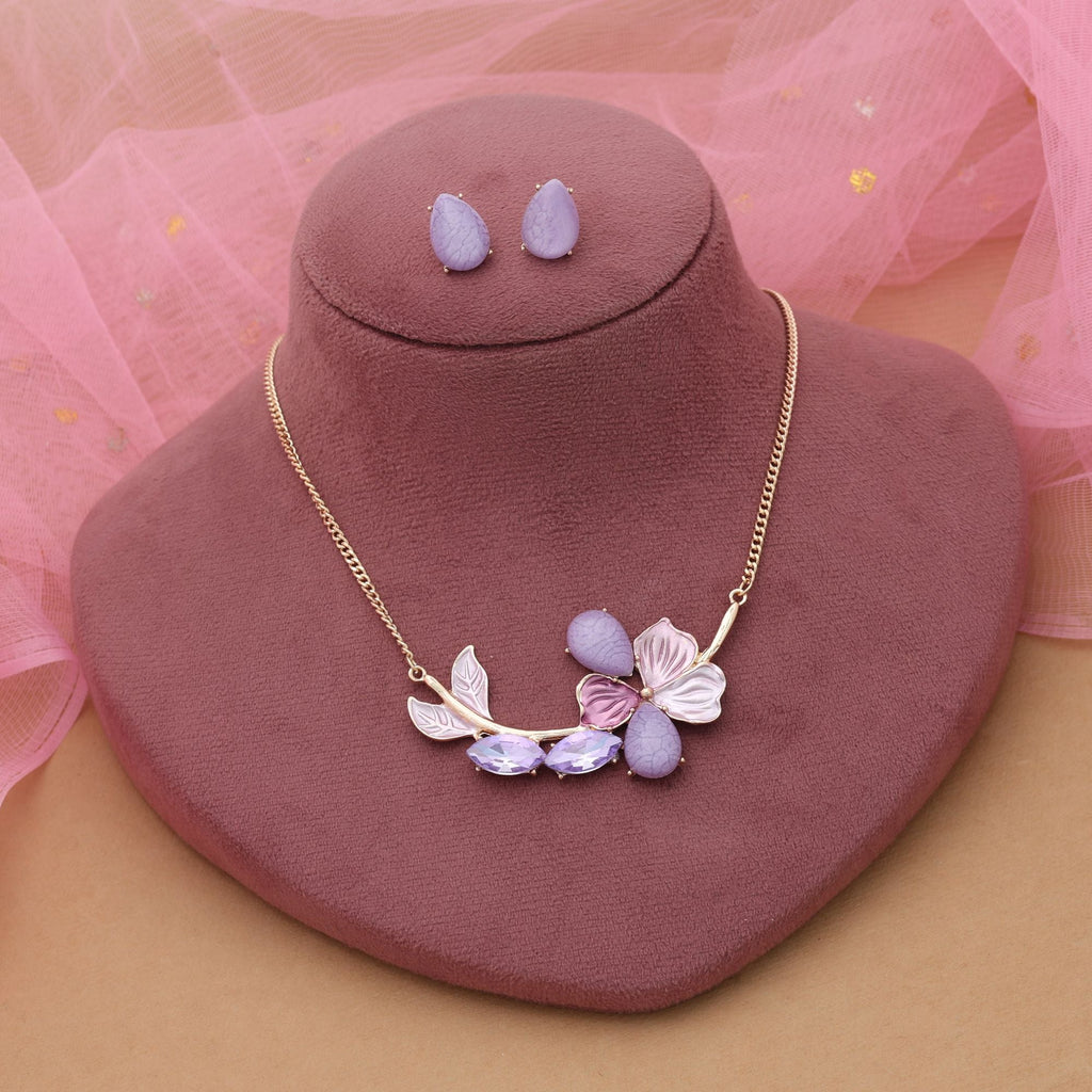 Purple Color Flower Design Anti Tarnish Necklace Set Evening Style