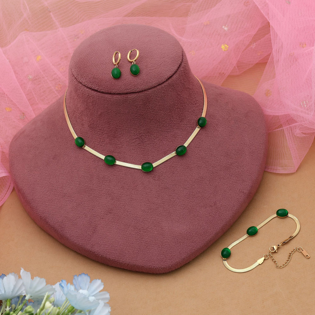 Green Color Anti Tarnish Necklace Set Contemporary Jewelry