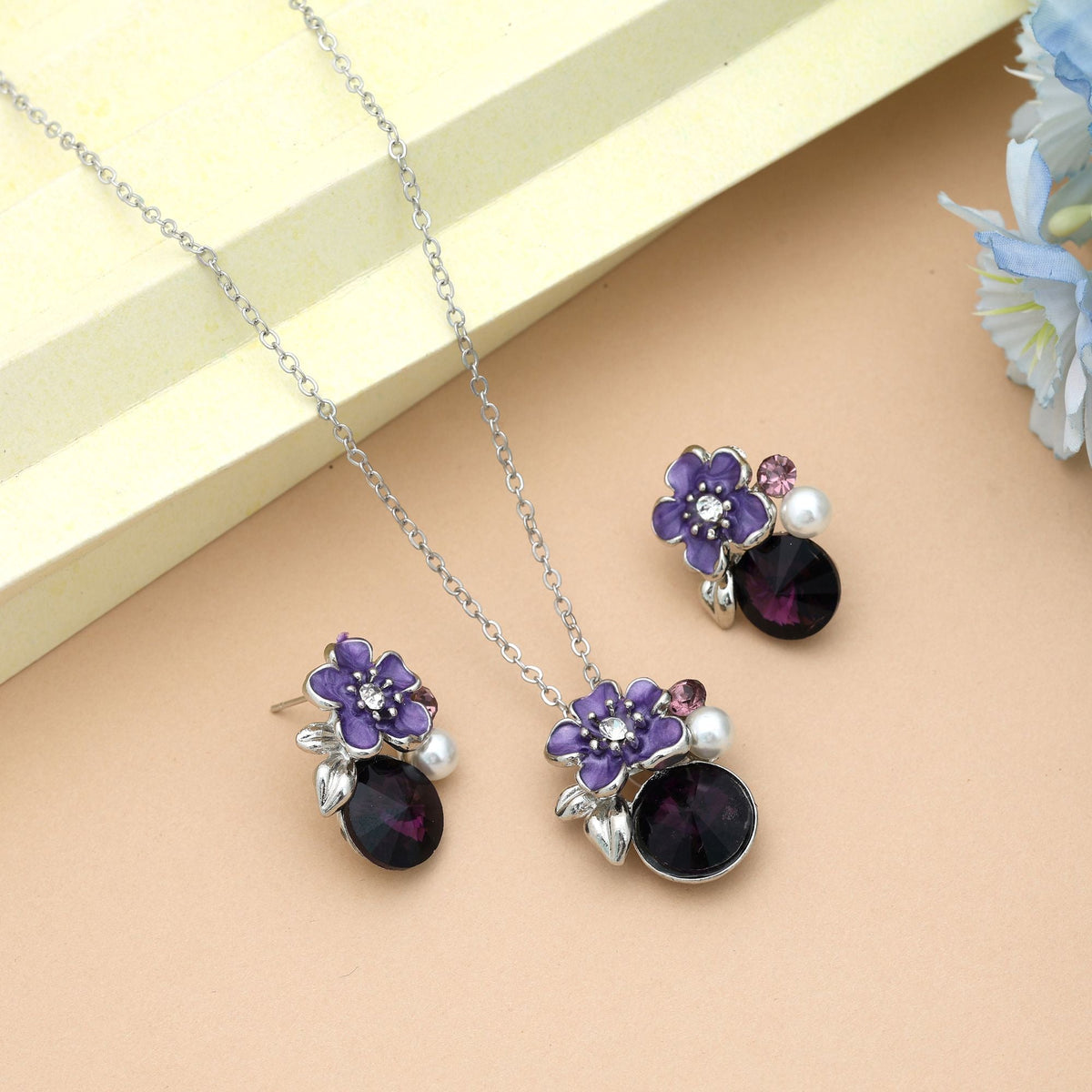 Purple Color Anti Tarnish Necklace Set Royal Elegant