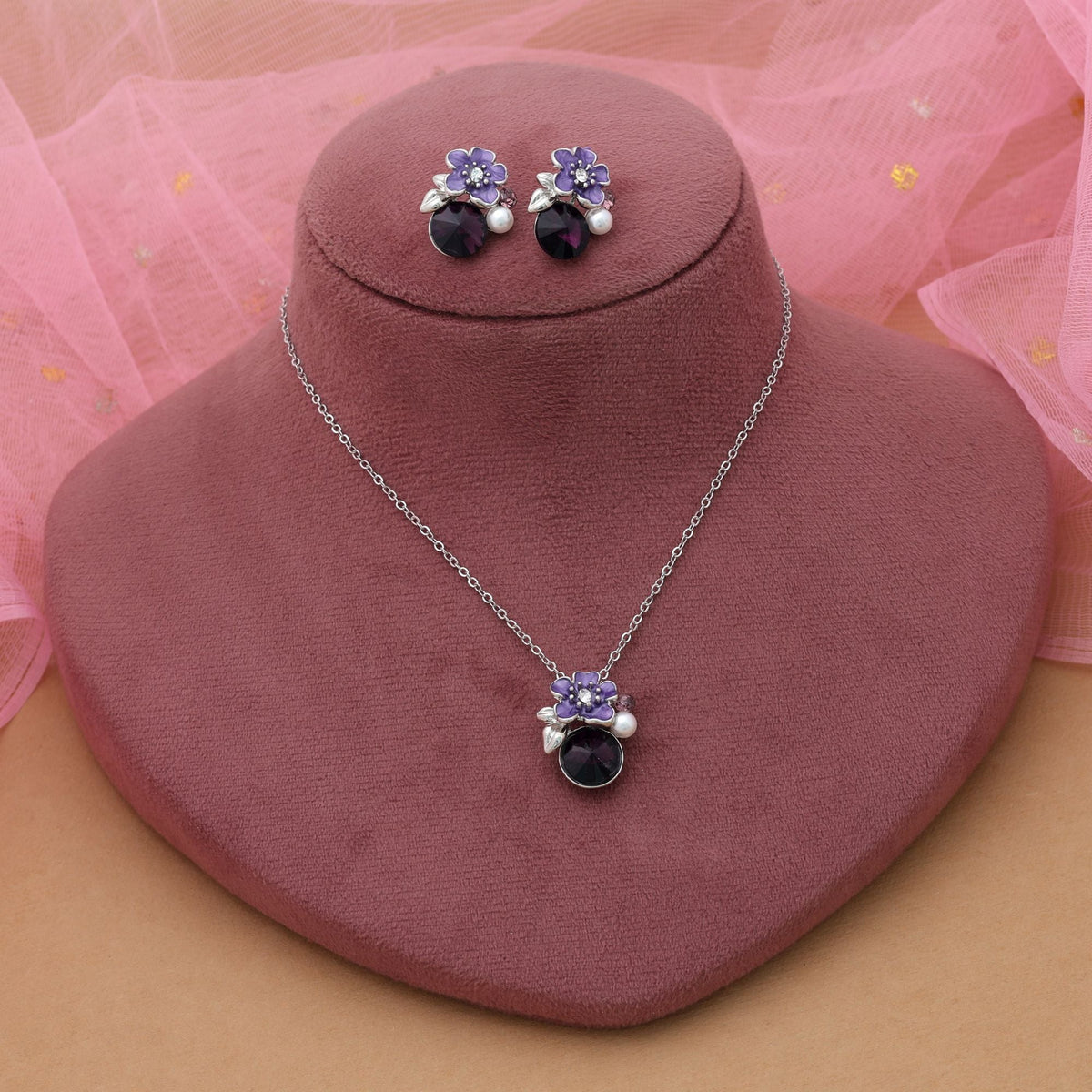 Purple Color Anti Tarnish Necklace Set Royal Elegant