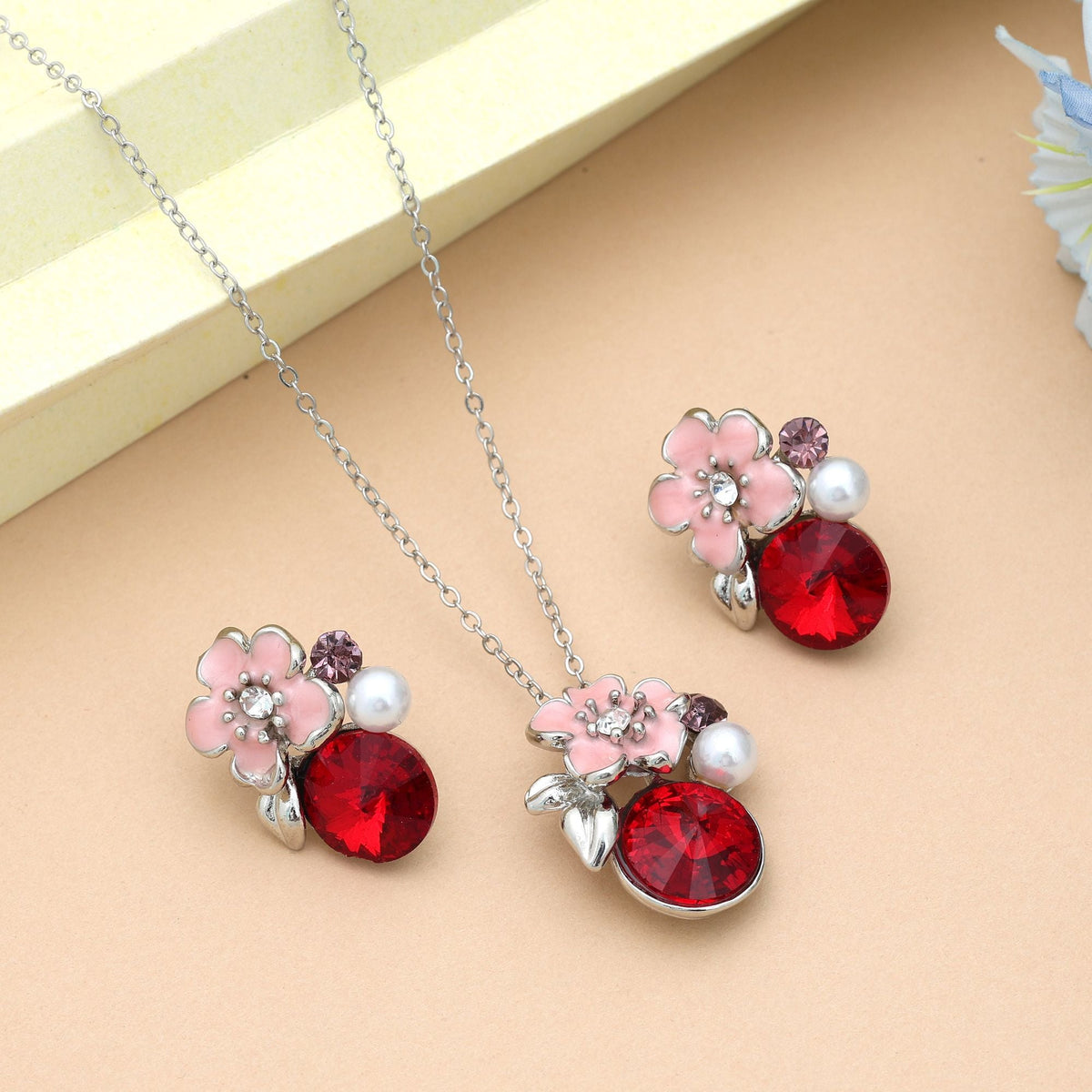 Red Color Anti Tarnish Necklace Set Festive Traditional