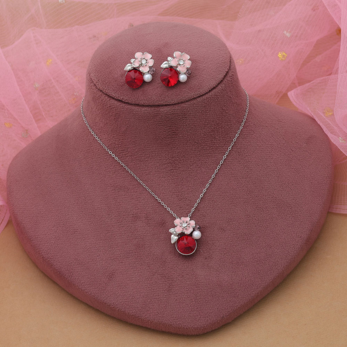 Red Color Anti Tarnish Necklace Set Festive Traditional