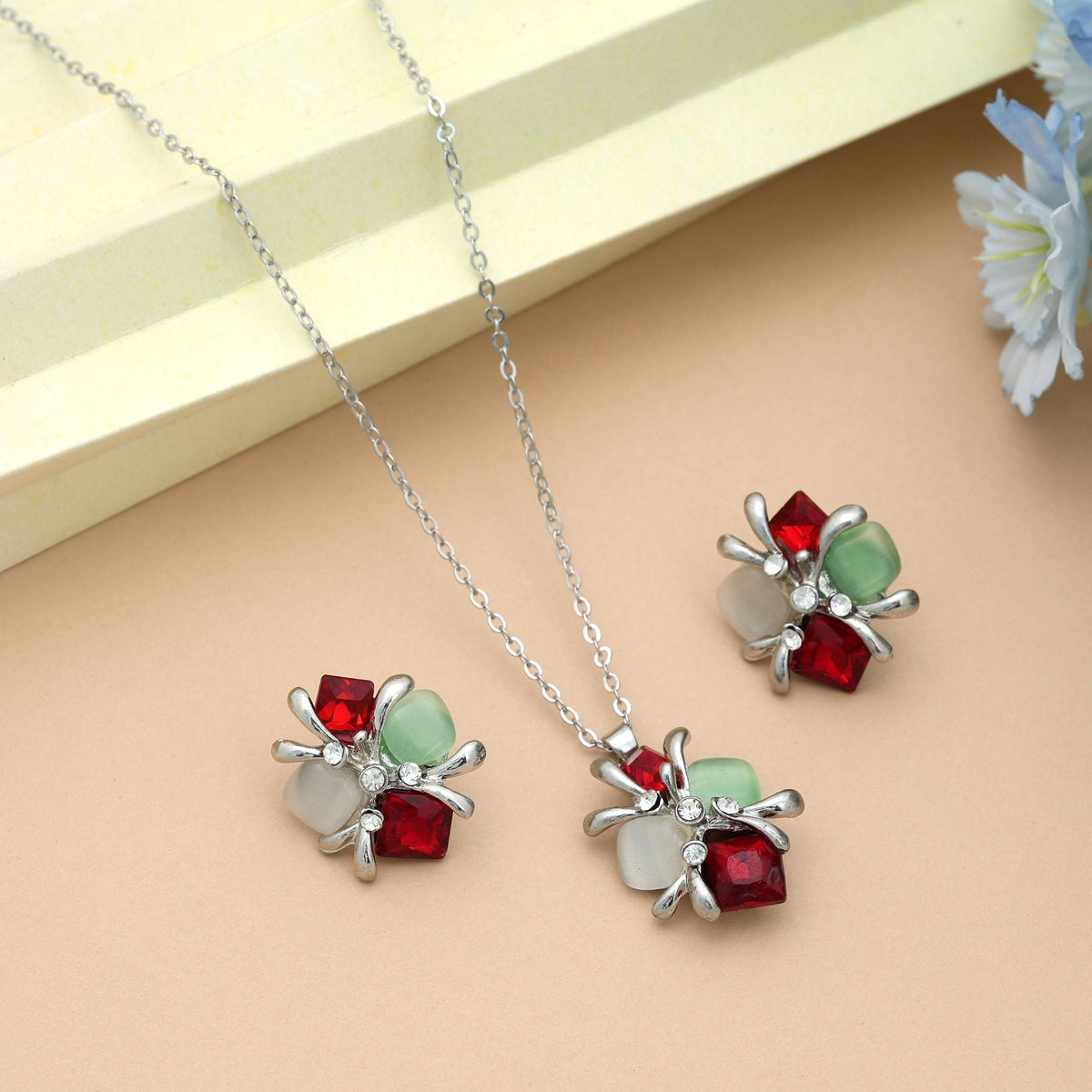 Red Color Anti Tarnish Necklace Set Festive Party Wear