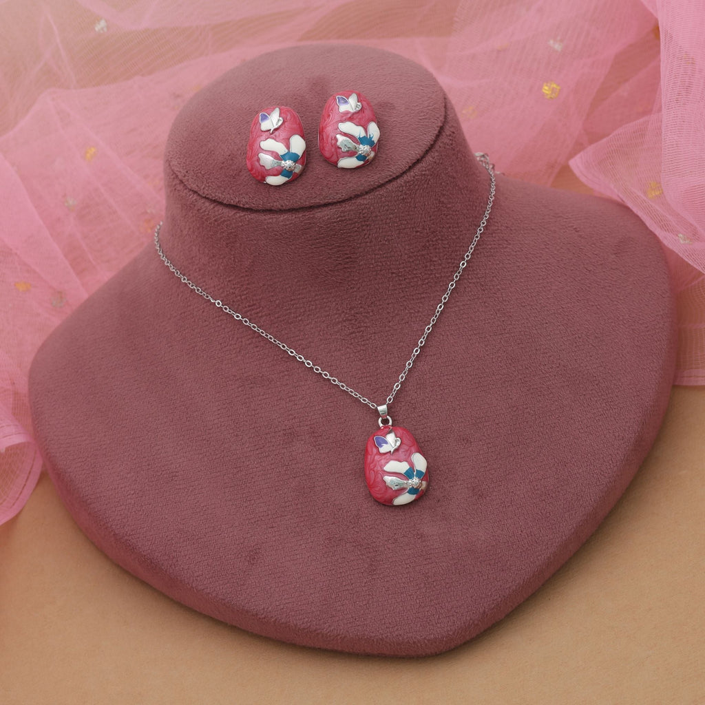 Dark Pink Color Meena Work Anti Tarnish Necklace Set Artistic Style