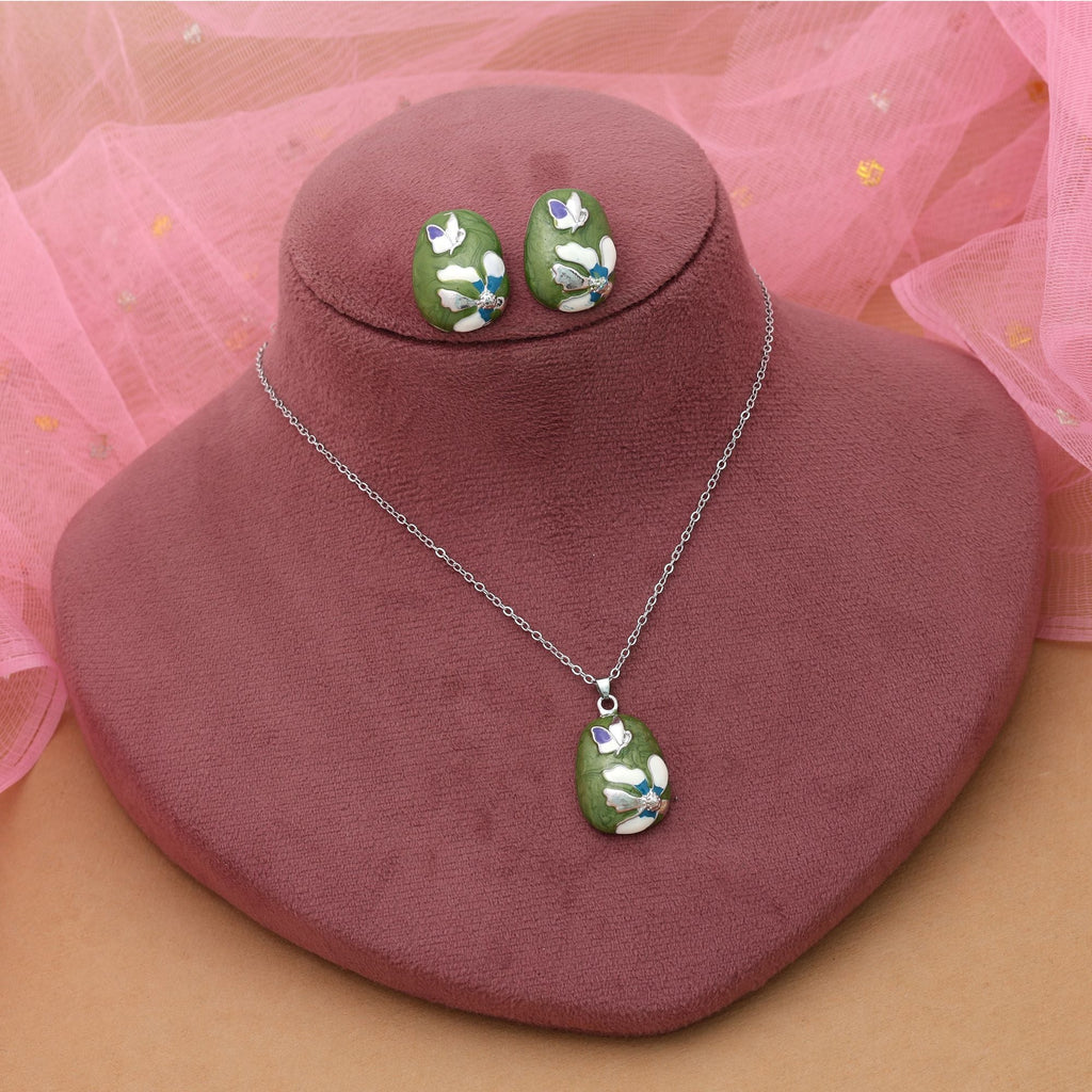 Mehendi Green Color Meena Work Anti Tarnish Necklace Set Ethnic Style
