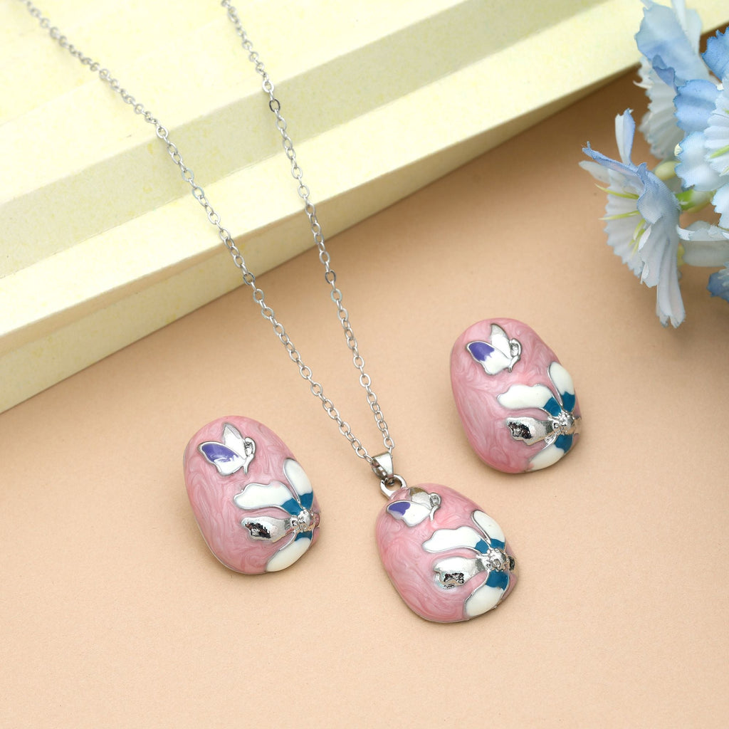 Pink Color Meena Work Anti Tarnish Necklace Set Traditional Design