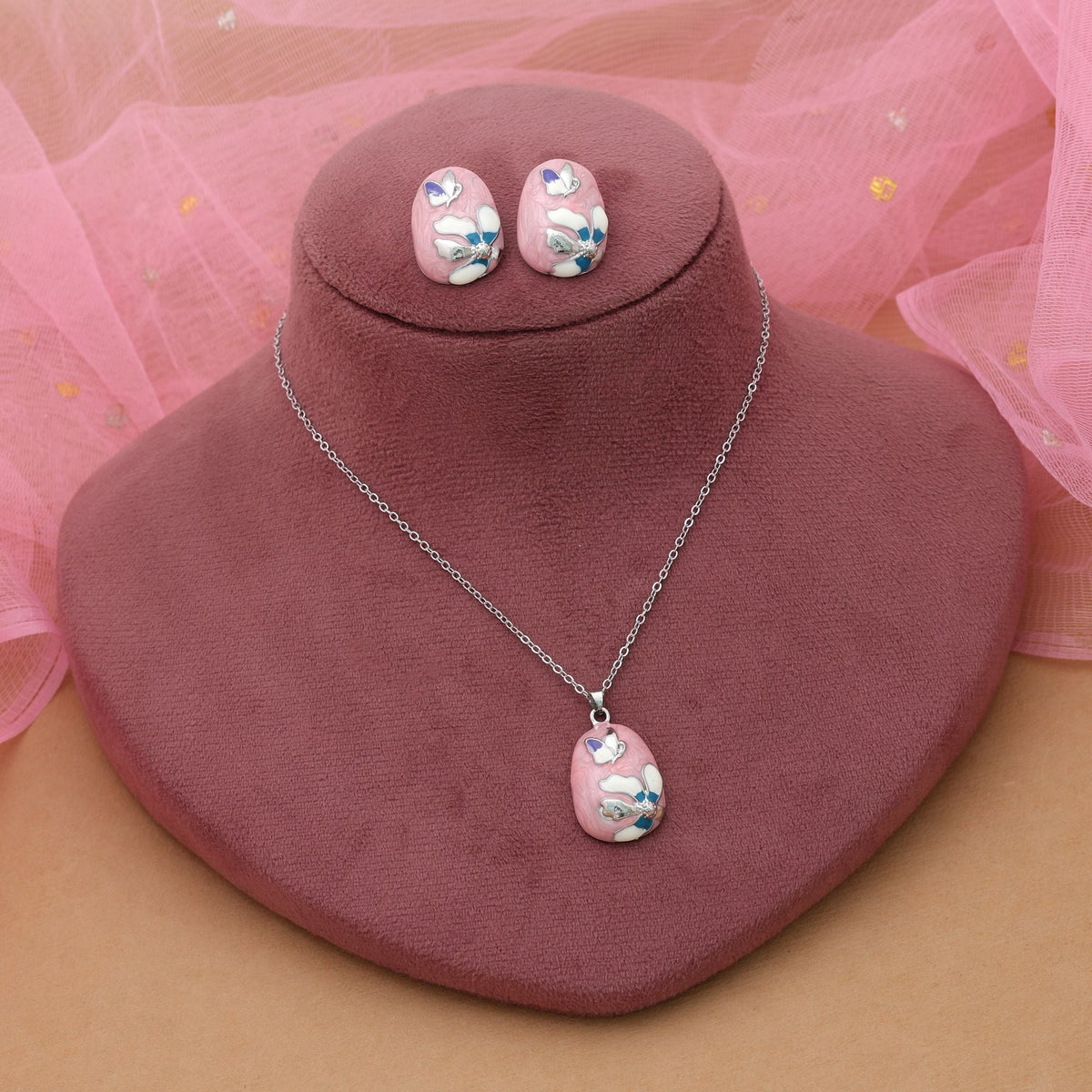Pink Color Meena Work Anti Tarnish Necklace Set Traditional Design