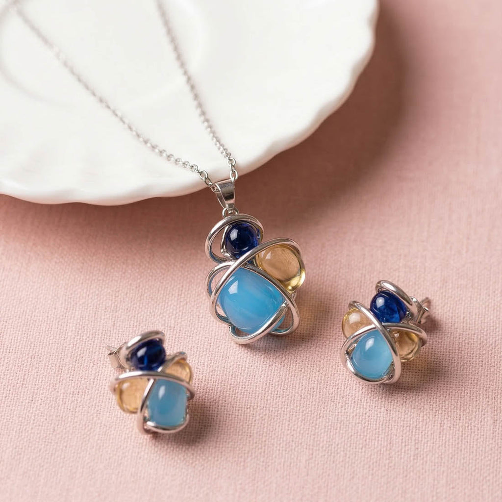 Sky Blue Color Anti Tarnish Necklace Set Elegant Modern