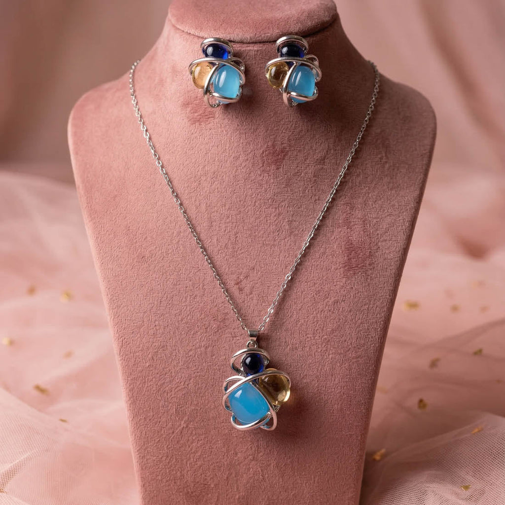 Sky Blue Color Anti Tarnish Necklace Set Elegant Modern