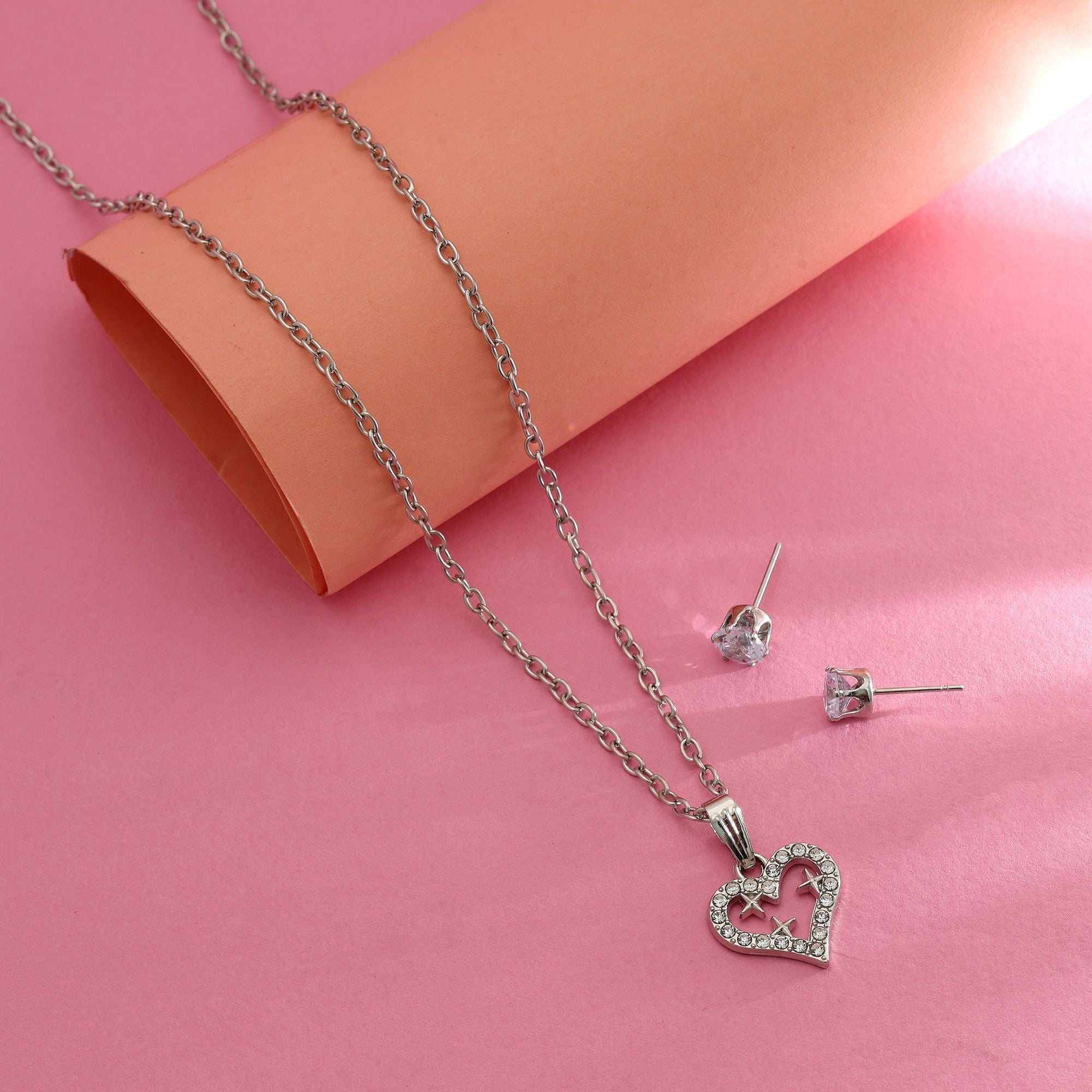 Silver Color Heart Shape Anti Tarnish Necklace Set Stylish Gift