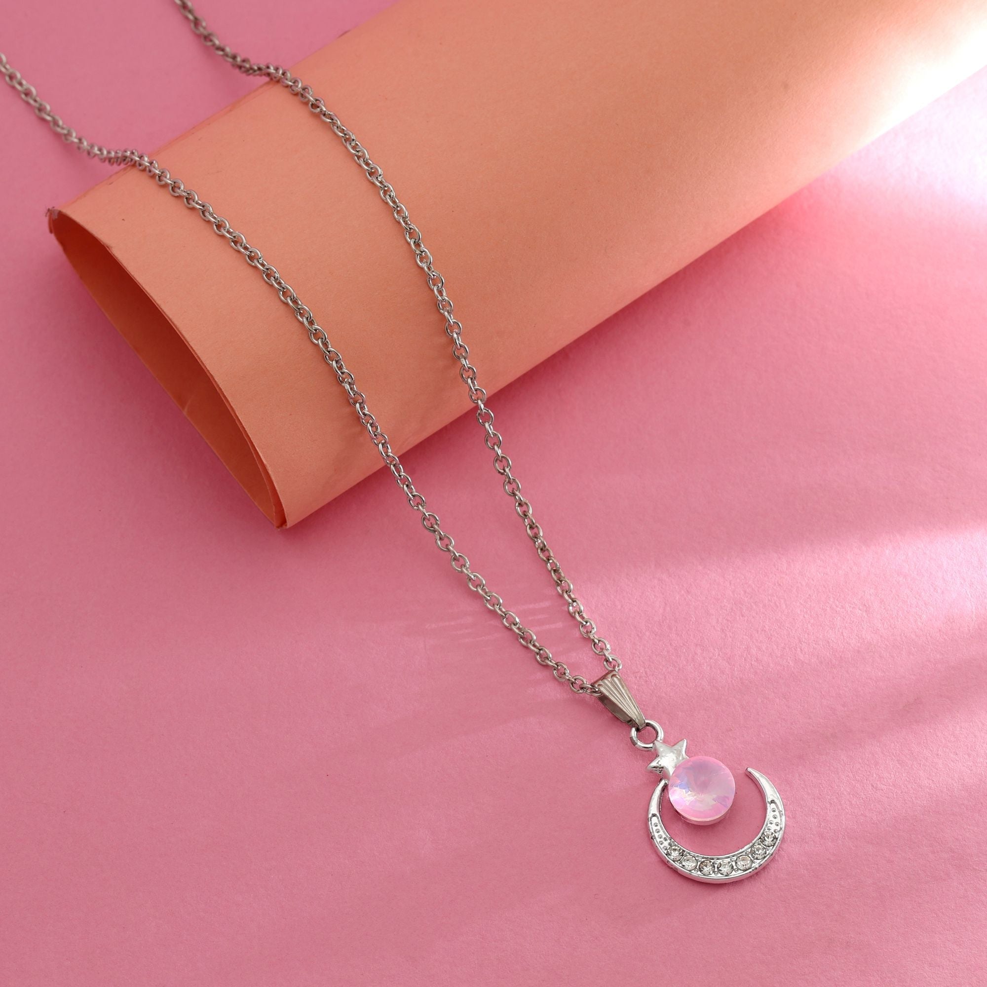 Pink Color Anti Tarnish Necklace Minimal Daily Wear