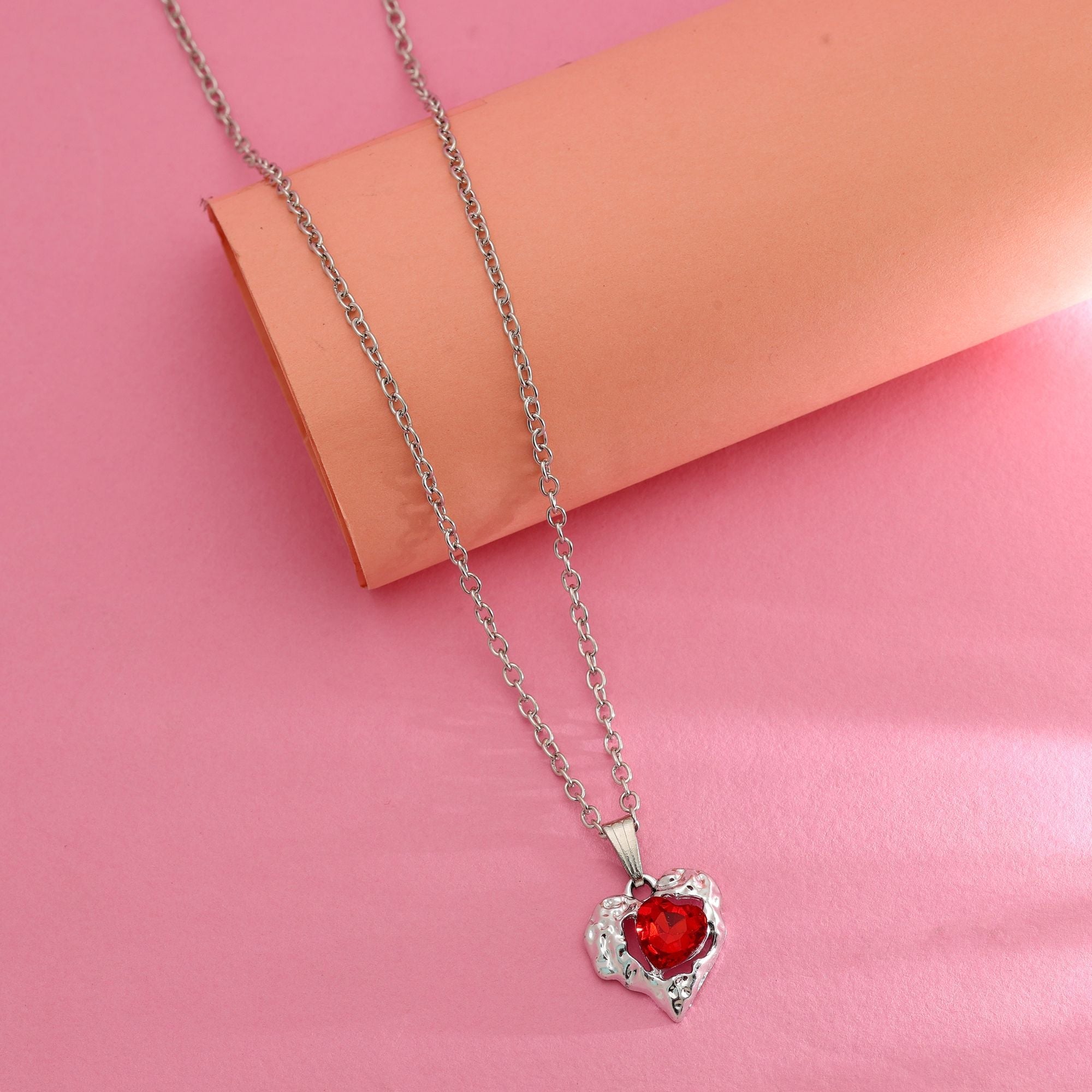 Red Color Heart Shape Anti Tarnish Necklace Statement Style