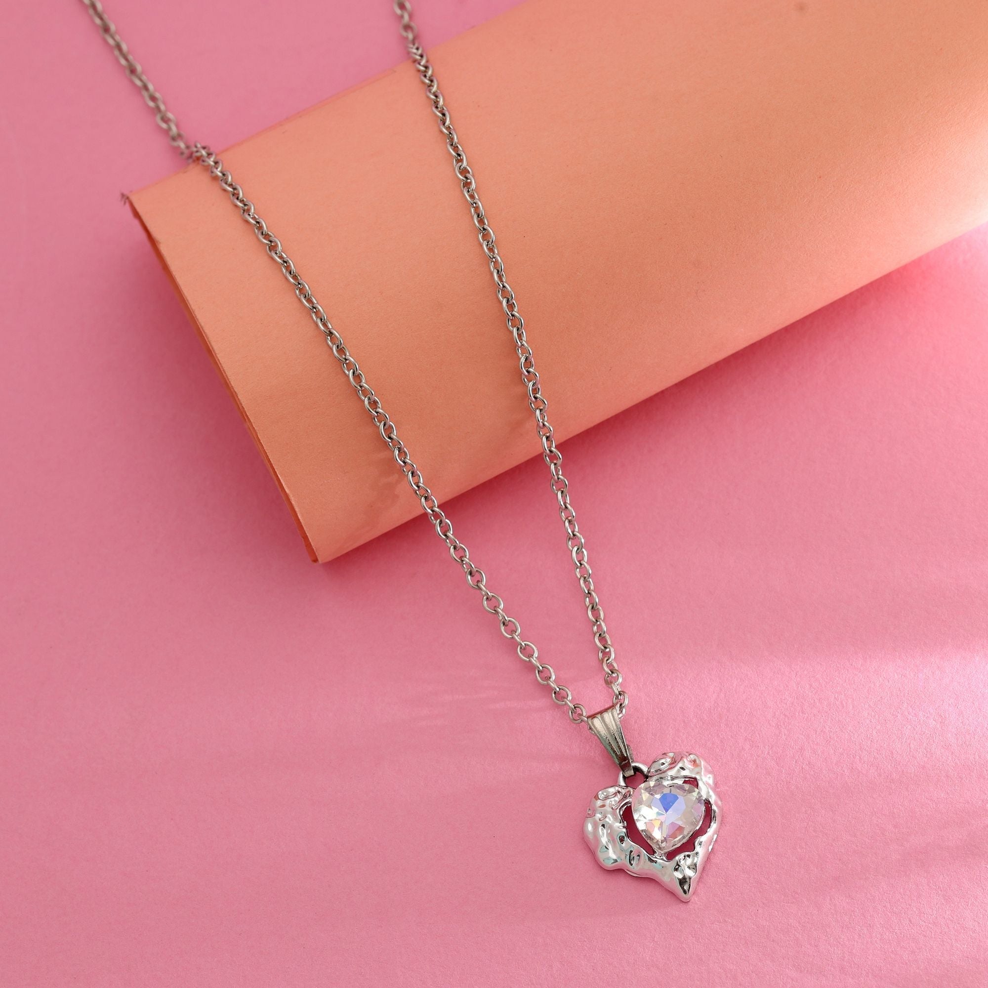 Silver Color Heart Shape Anti Tarnish Necklace Minimal Style
