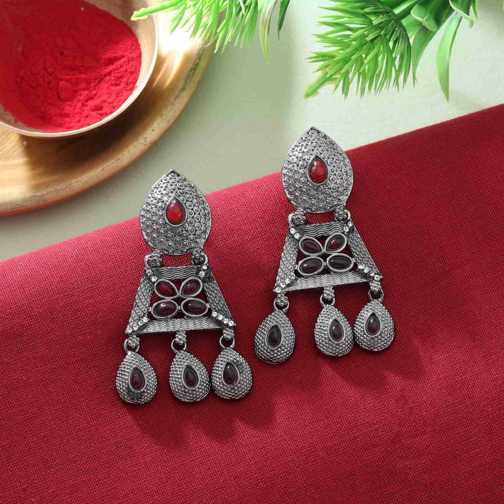 Stylish Maroon Color Fashion Earrings With Antique Finish For Wedding Look