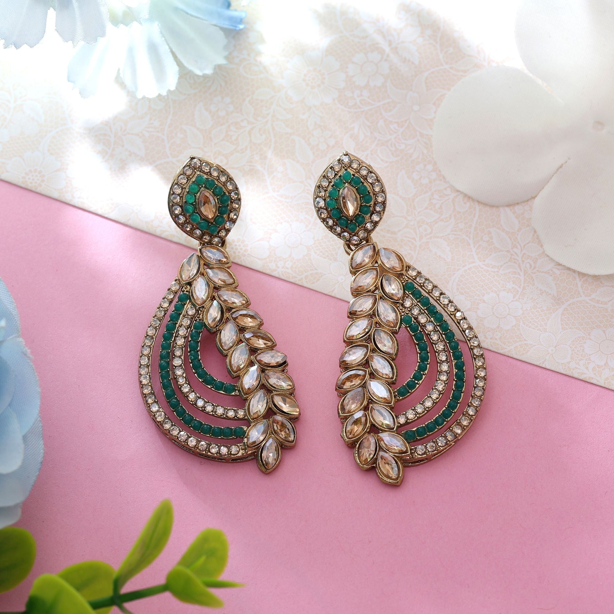 Green Color Fashion Earrings With Traditional American Diamond Earrings Sparkle