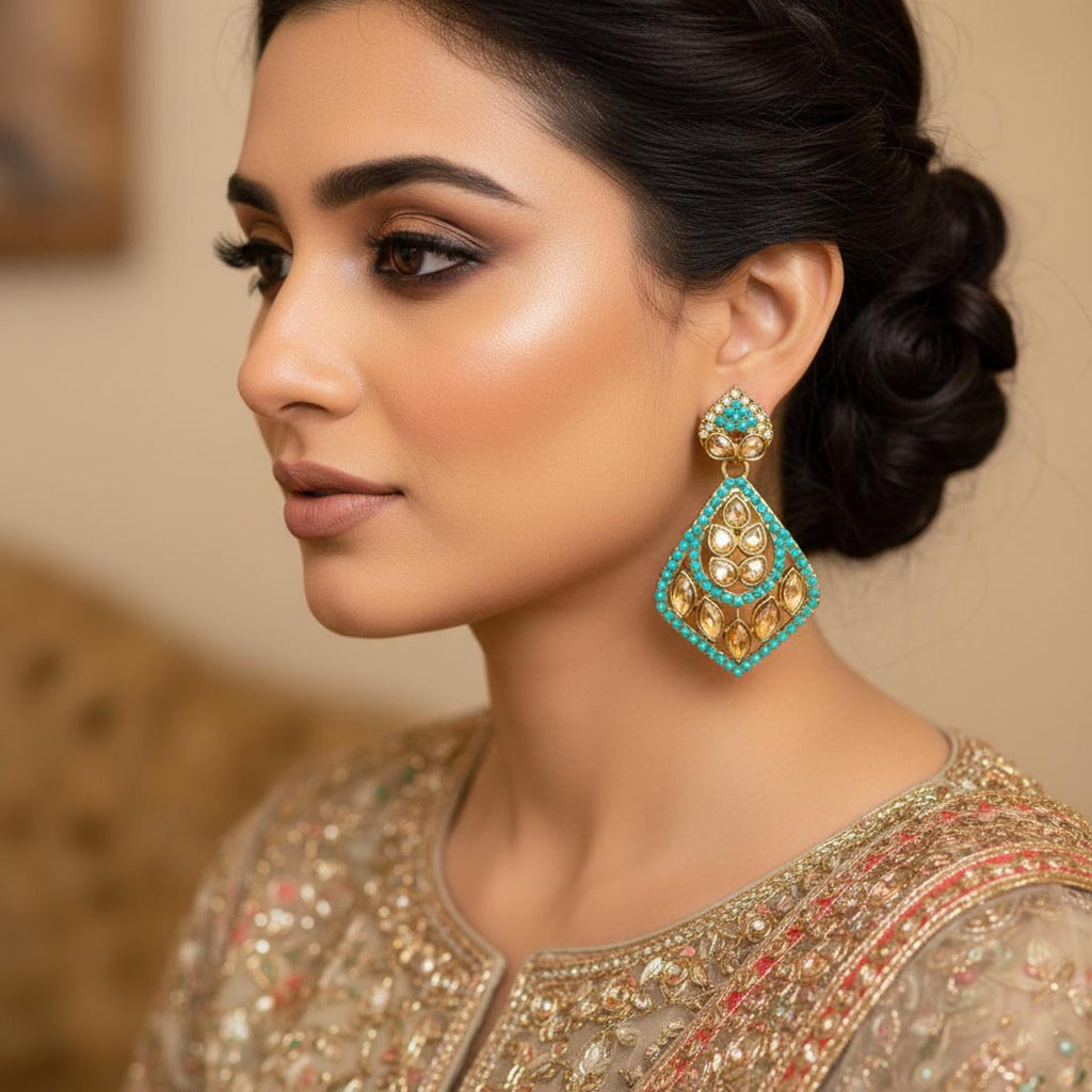 Firozi Color Fashion Earrings Featuring Bold American Diamond Earrings Appeal
