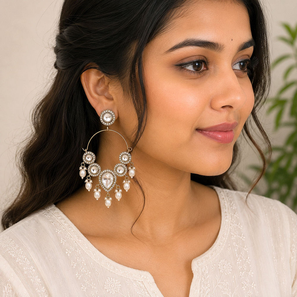 White Color Dangle Earrings with Artistic Handmade Design