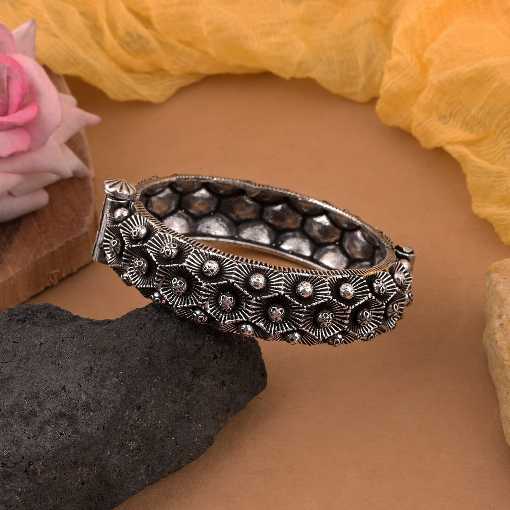 Stylish Silver Color Oxidised Openable Bracelet For Ethnic And Festive Wear
