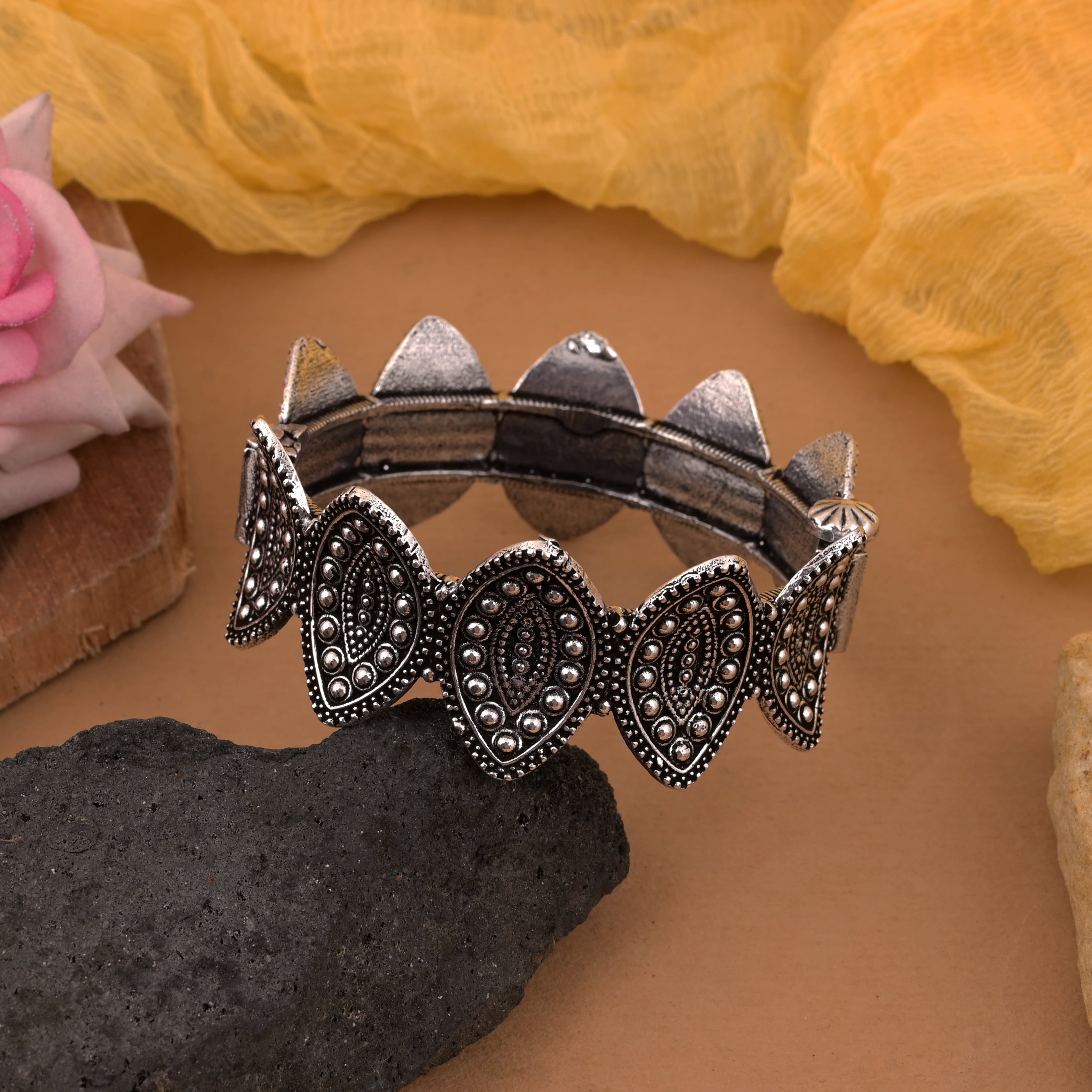 Silver Color Oxidised Openable Bracelet Featuring Traditional Indian Craftsmanship