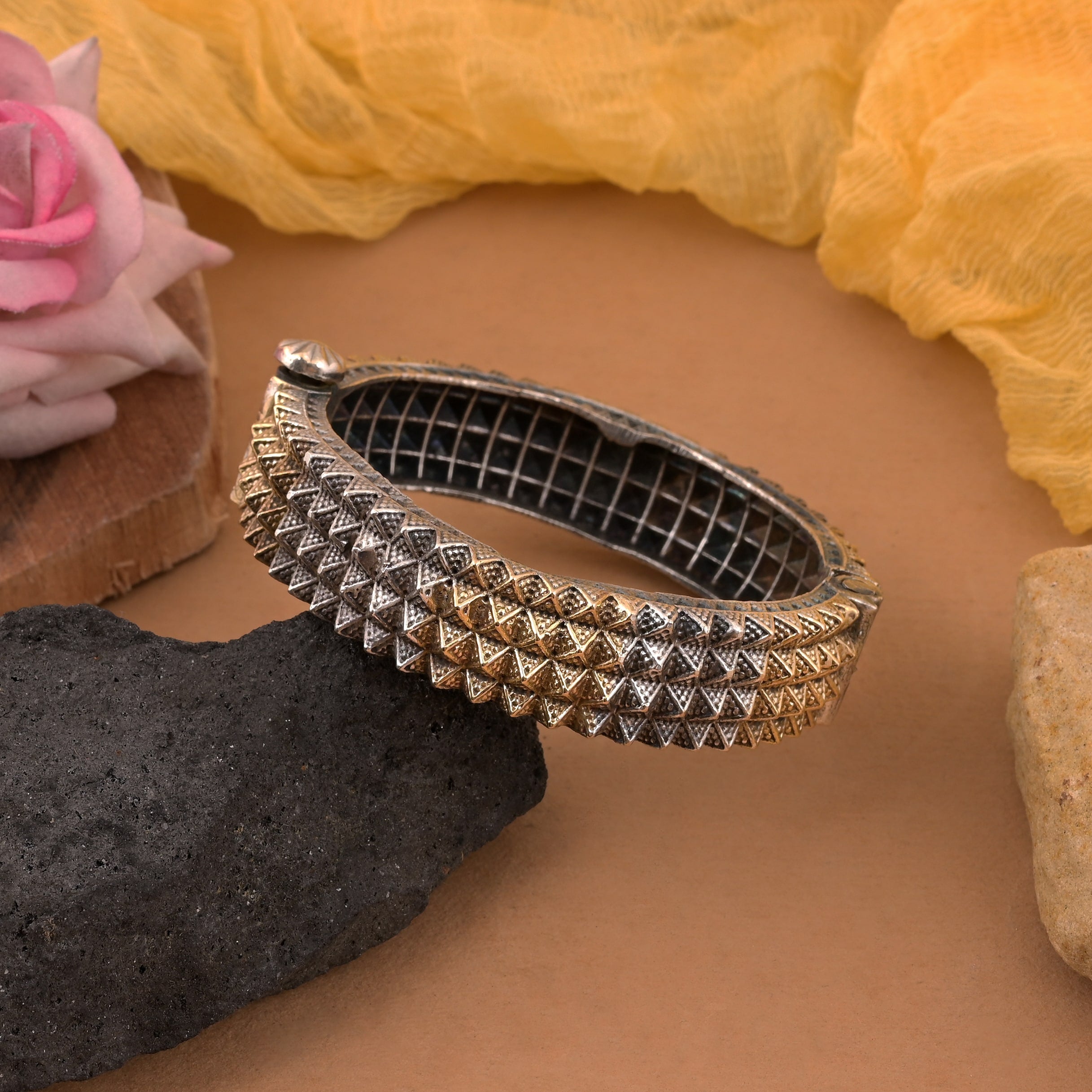 Handcrafted Gold & Silver Color Two Tone Oxidised Openable Bracelet With Bold Look