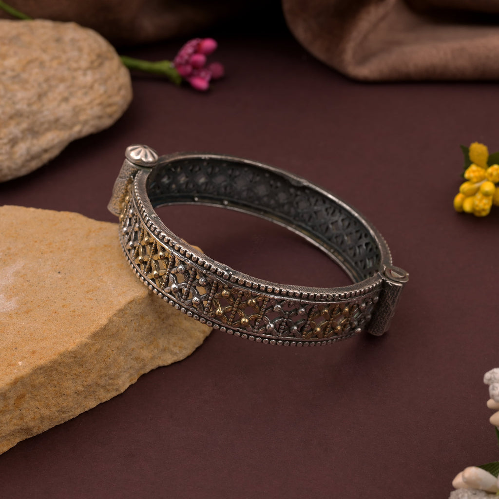 Gold & Silver Color Two Tone Oxidised Openable Bracelet With Traditional Motifs