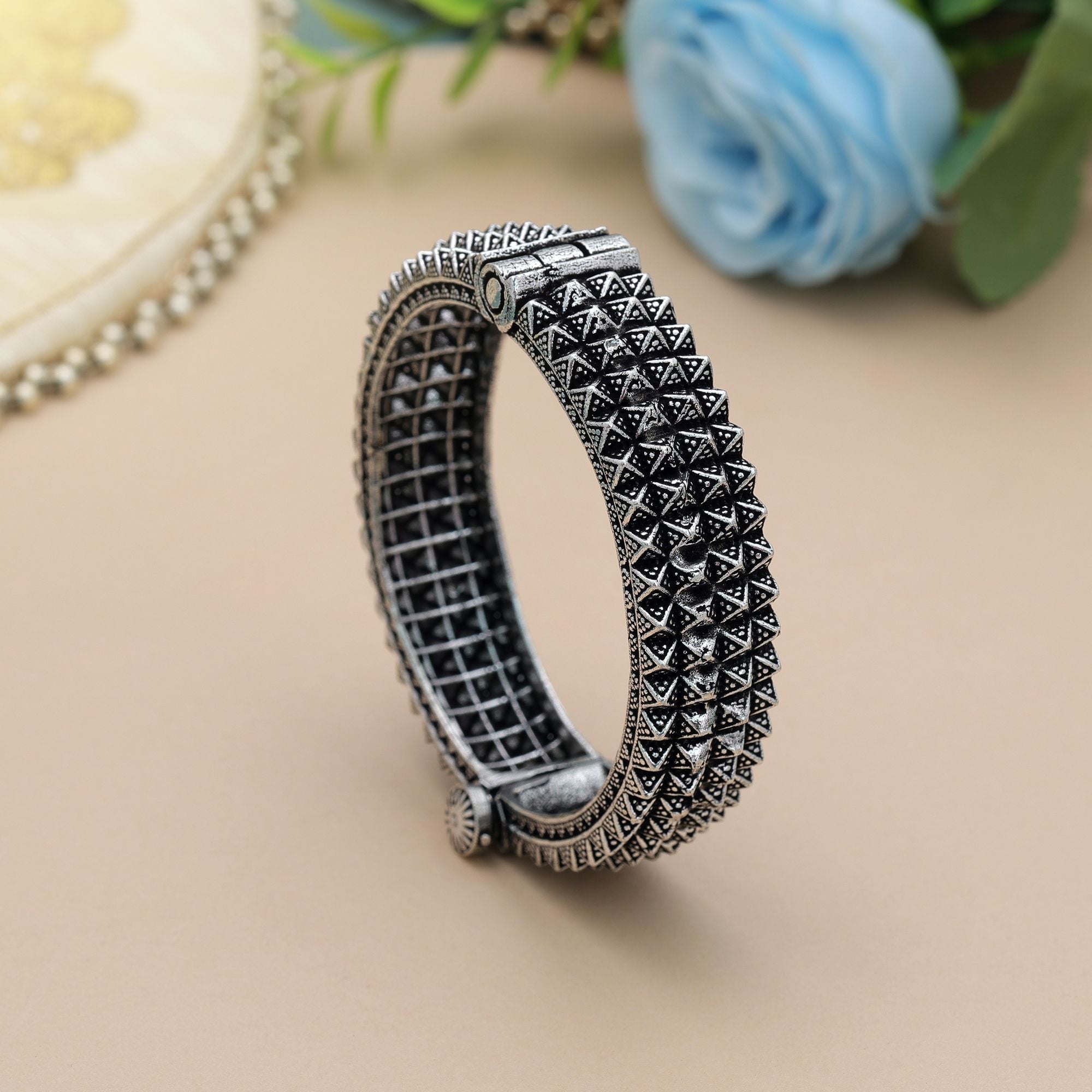 Silver Color Oxidised Openable Bracelet Traditional Jewelry Design