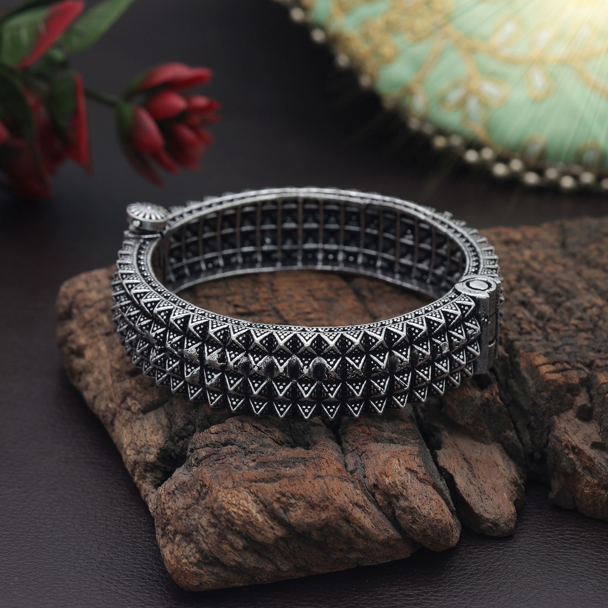 Silver Color Oxidised Openable Bracelet Traditional Jewelry Design