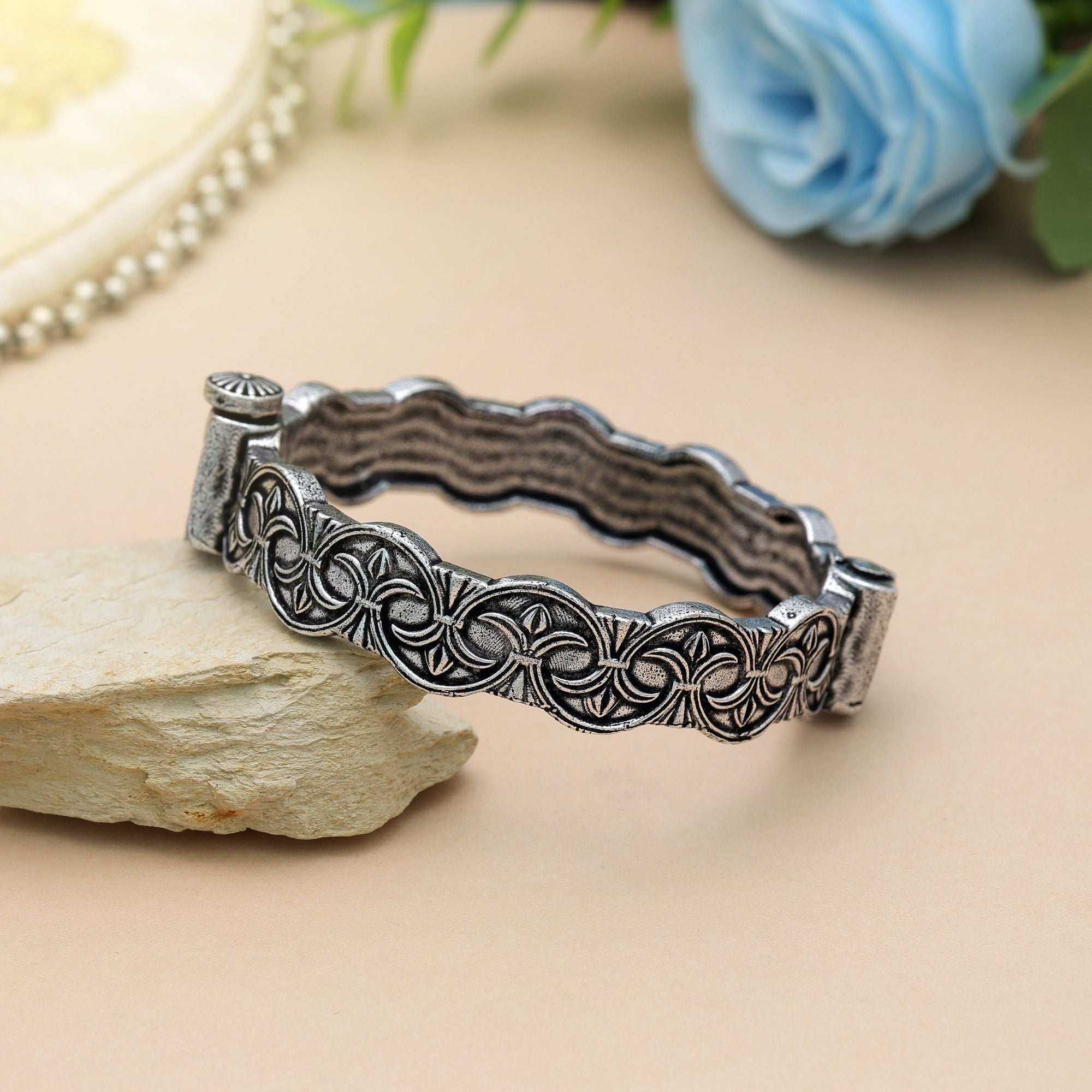 Silver Color Oxidised Openable Bracelet Antique Tribal Finish