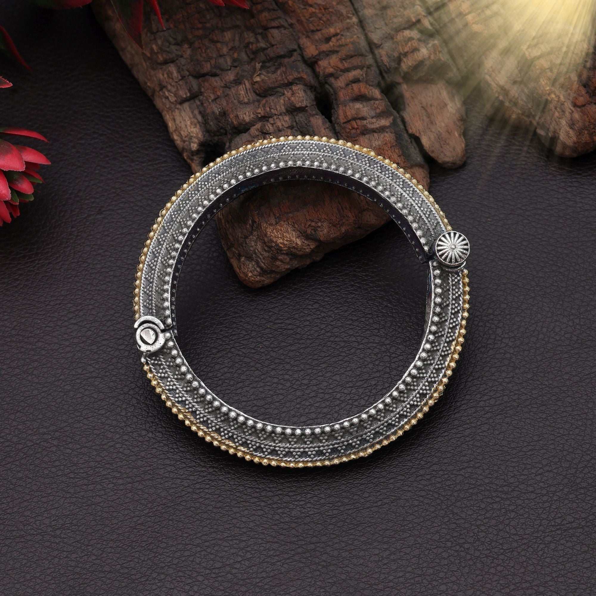 Gold & Silver Color Two Tone Oxidised Openable Bracelet