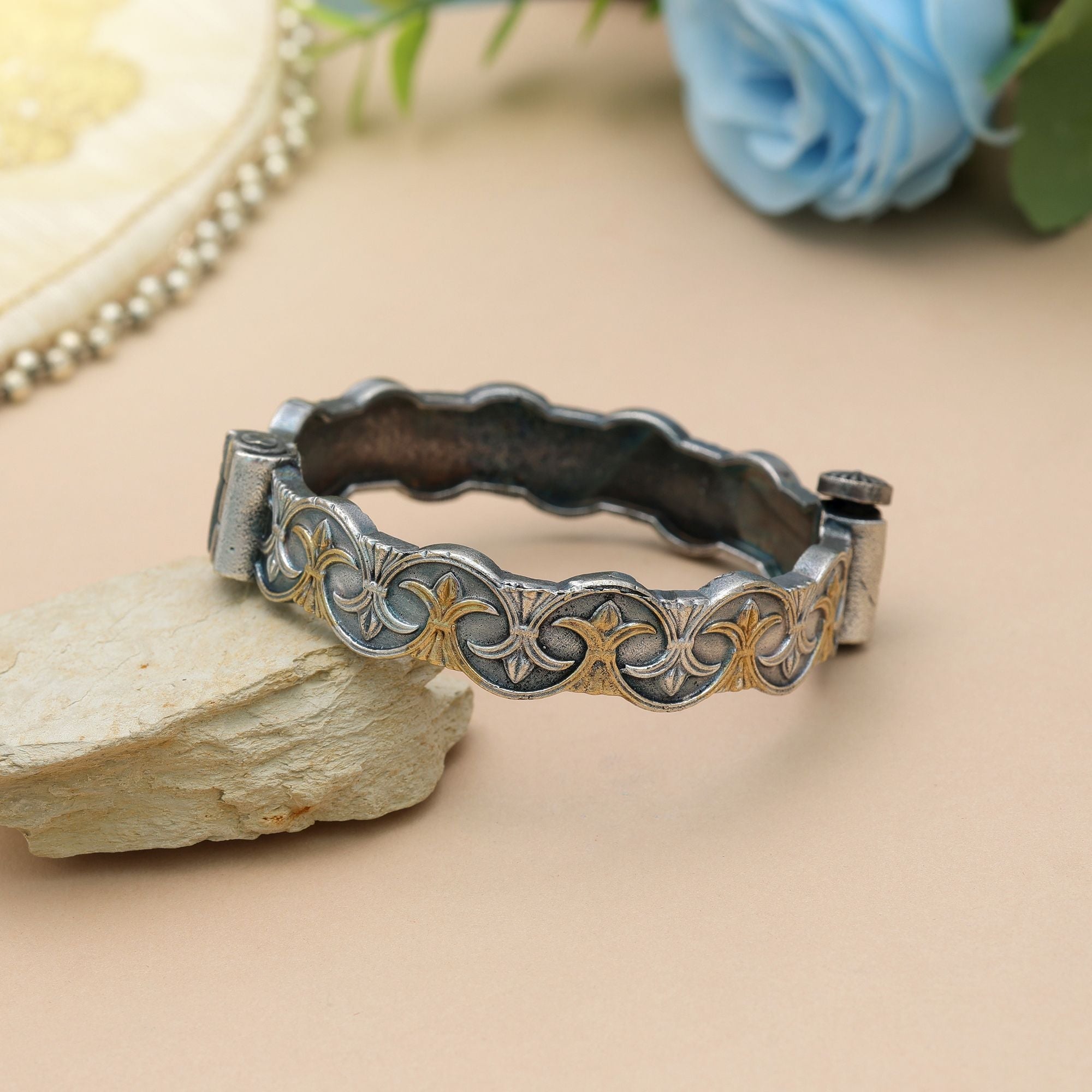 Gold & Silver Color Oxidised Openable Bracelet Tribal Finish