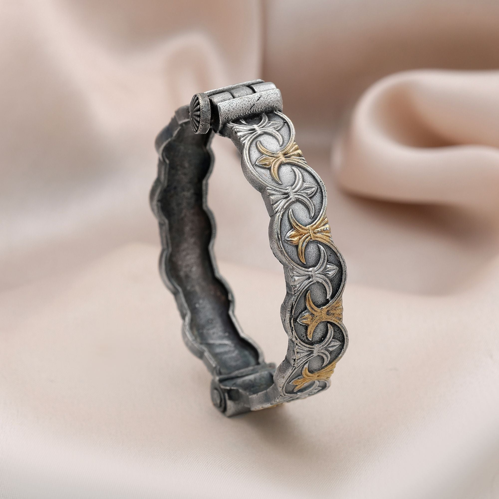 Gold & Silver Color Oxidised Openable Bracelet Tribal Finish