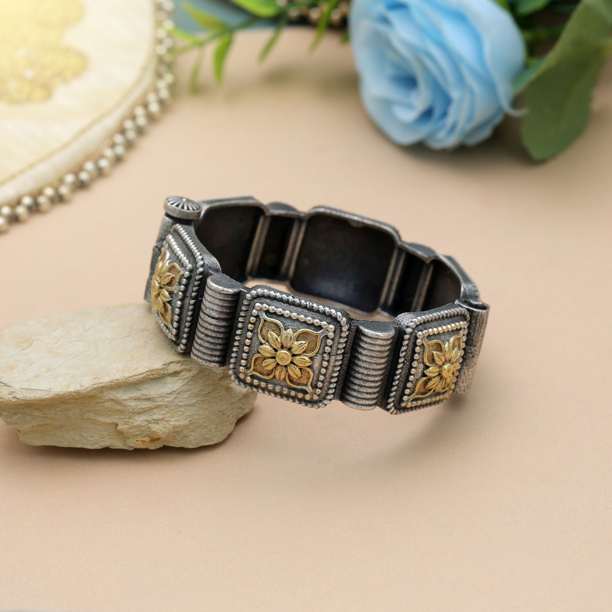 Gold & Silver Color Oxidised Openable Bracelet Fashion Collection