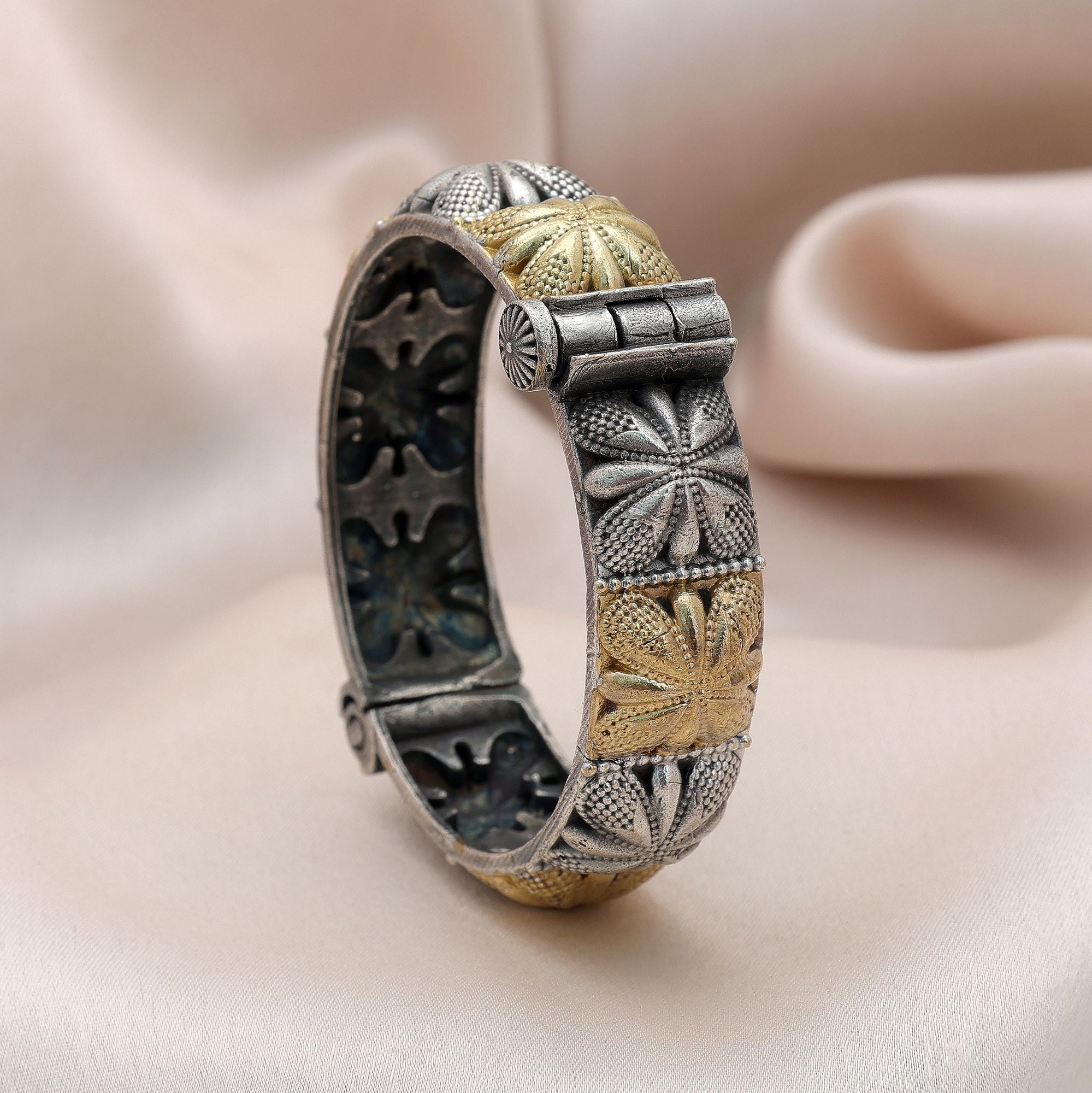 Gold & Silver Color Oxidised Openable Bracelet Ethnic Artwork
