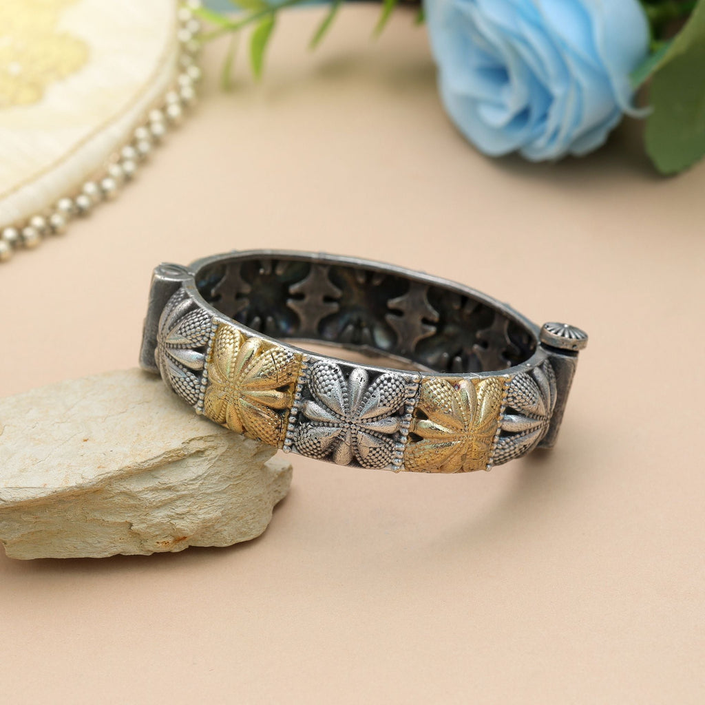 Gold & Silver Color Oxidised Openable Bracelet Ethnic Artwork
