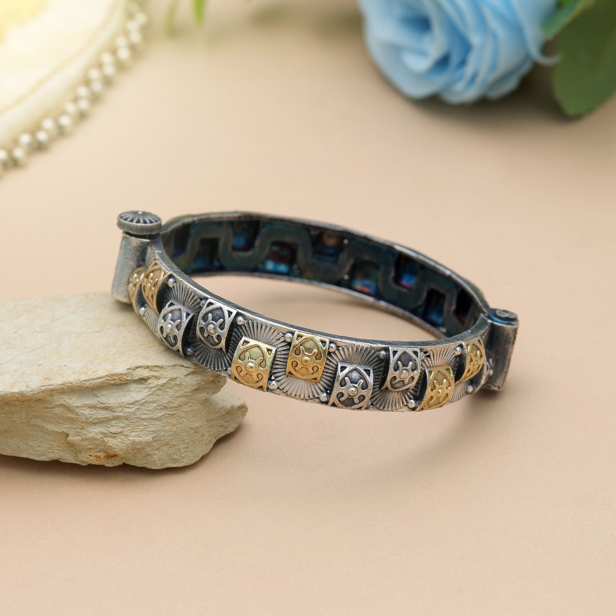 Gold & Silver Color Oxidised Openable Bracelet Antique Design