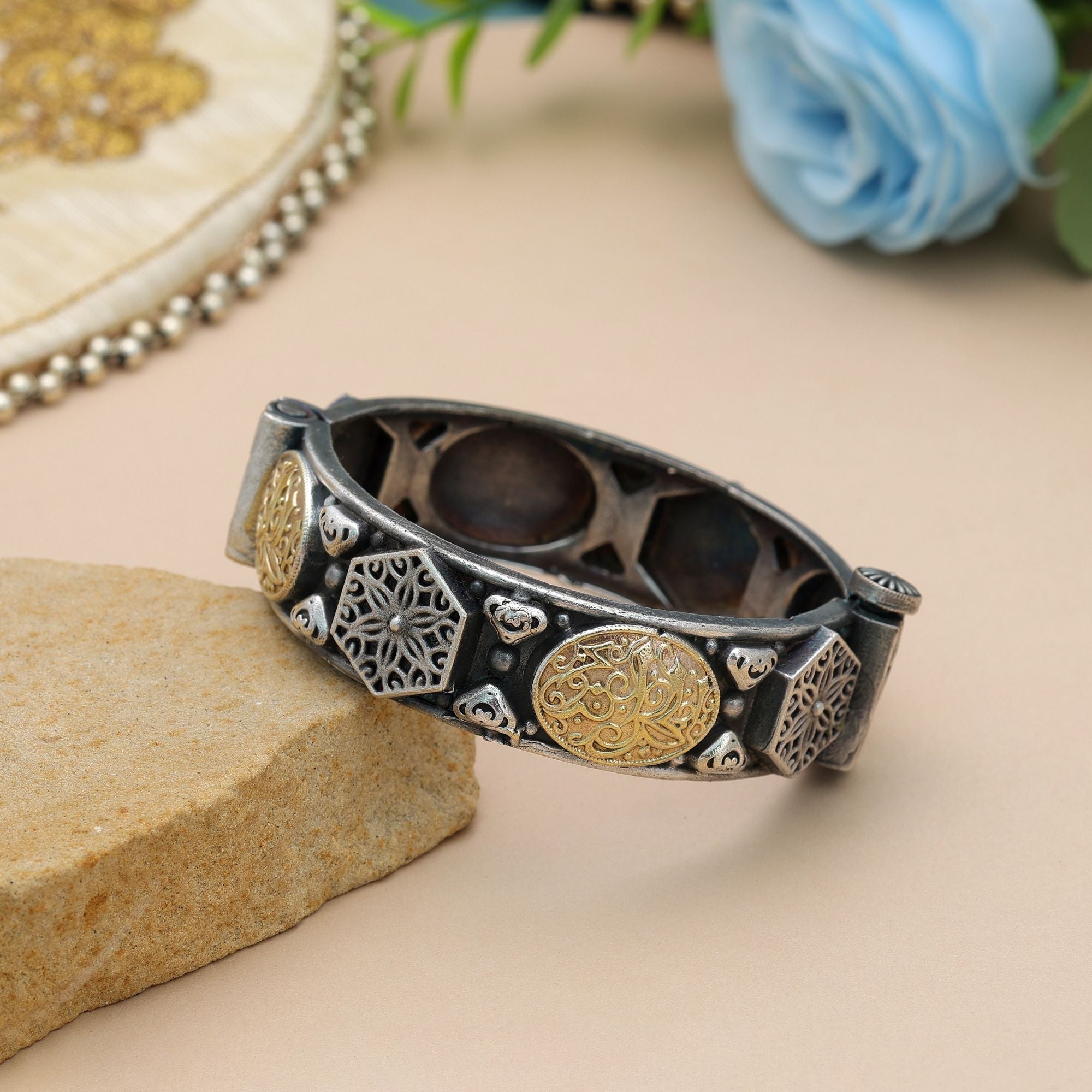 Gold & Silver Color Oxidised Openable Bracelet Elegant Finish