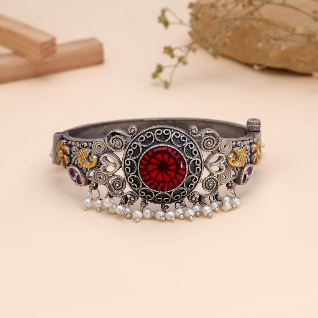 Maroon Color Two Tone Oxidised Openable Bracelet With Beautiful Festive Appeal