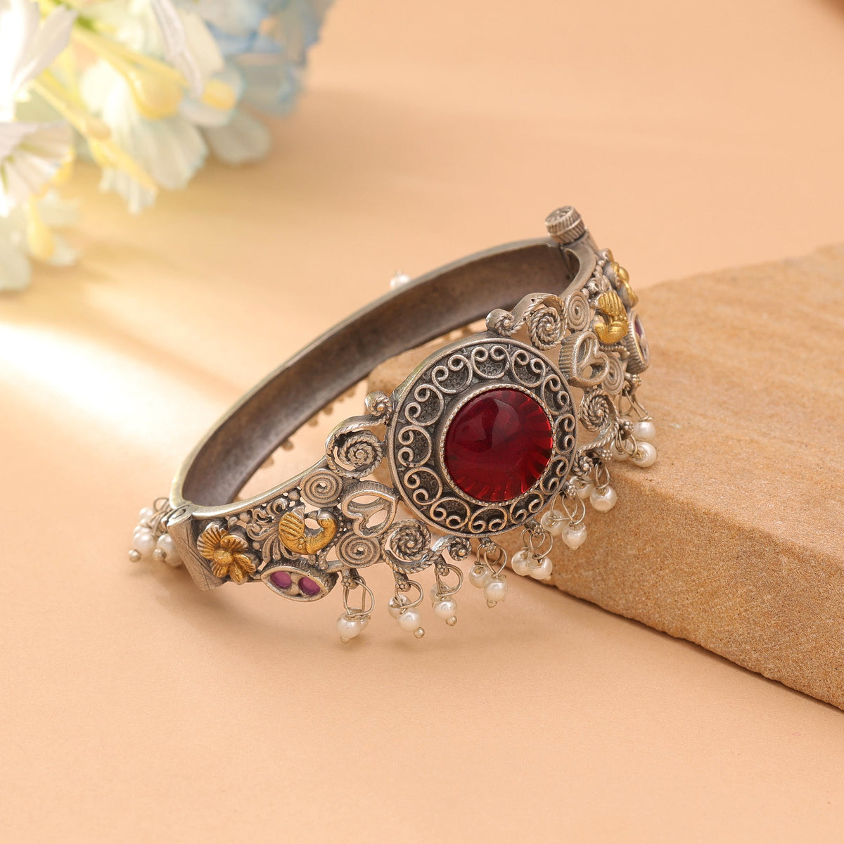 Maroon Color Two Tone Oxidised Openable Bracelet With Beautiful Festive Appeal