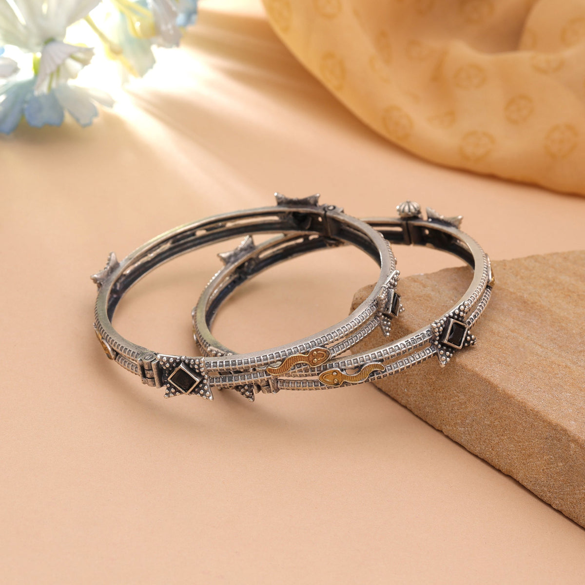 Black Color Two Tone Oxidised Openable Bangles With Elegant Ethnic Design