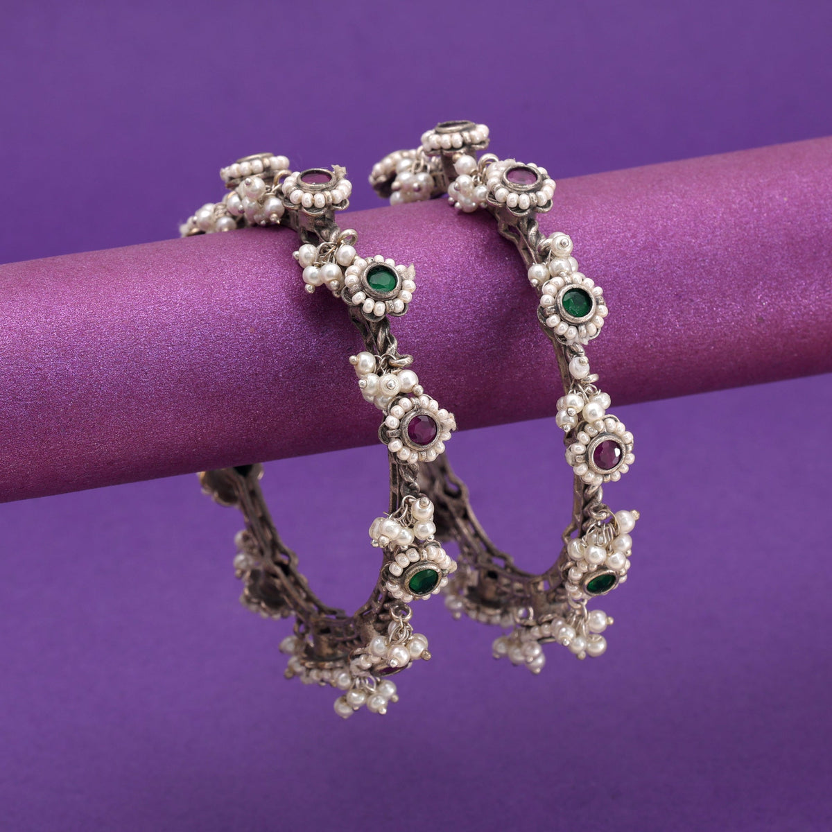 Pink & Green Color Two Tone Oxidised Openable Bangles With Stylish Traditional Appeal