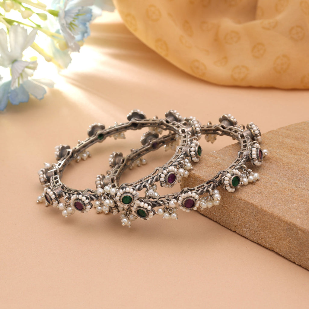 Pink & Green Color Two Tone Oxidised Openable Bangles With Stylish Traditional Appeal