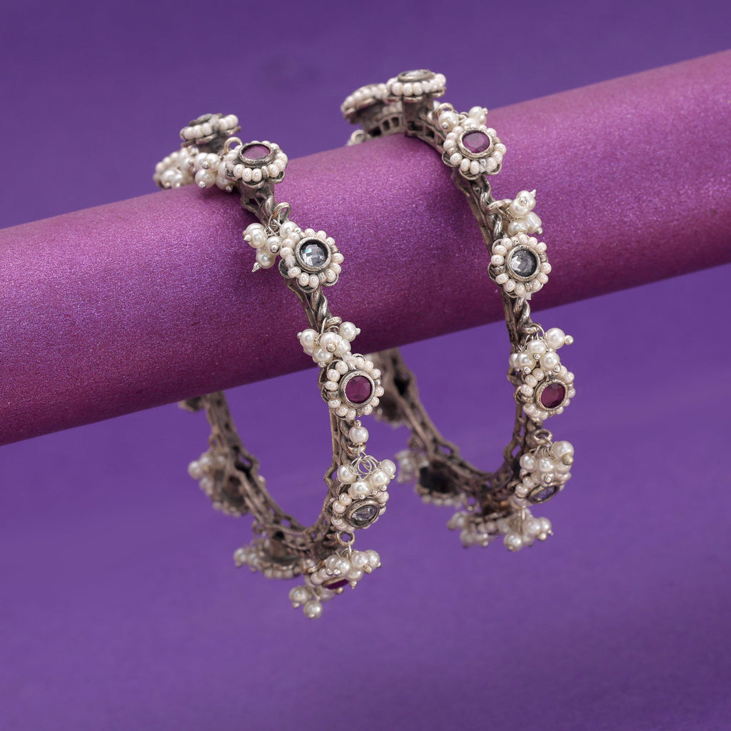 Pink & White Color Two Tone Oxidised Openable Bangles With Elegant Ethnic Design