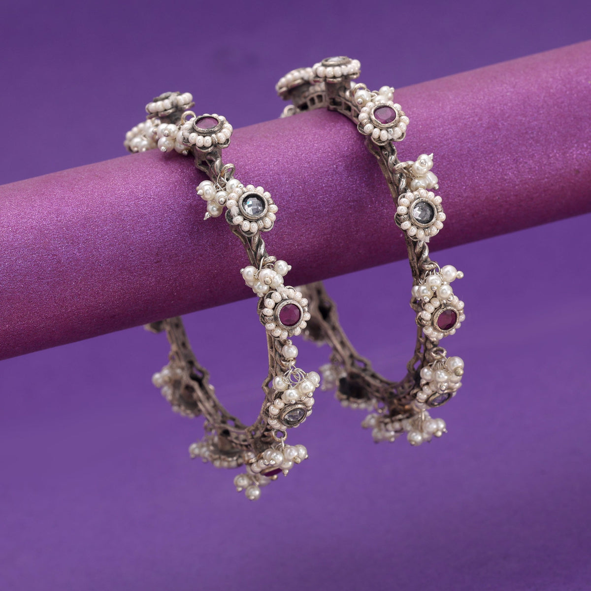 Pink & White Color Two Tone Oxidised Openable Bangles With Elegant Ethnic Design