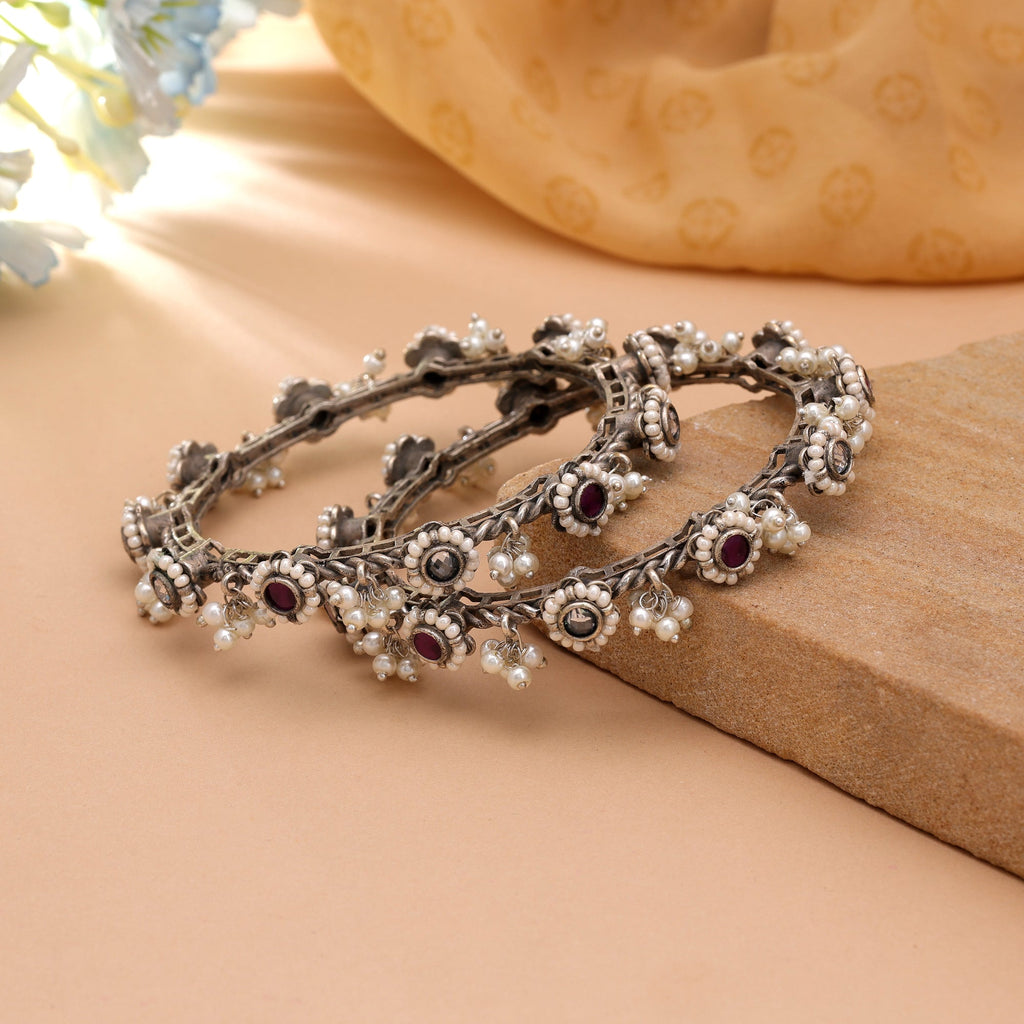 Pink & White Color Two Tone Oxidised Openable Bangles With Elegant Ethnic Design
