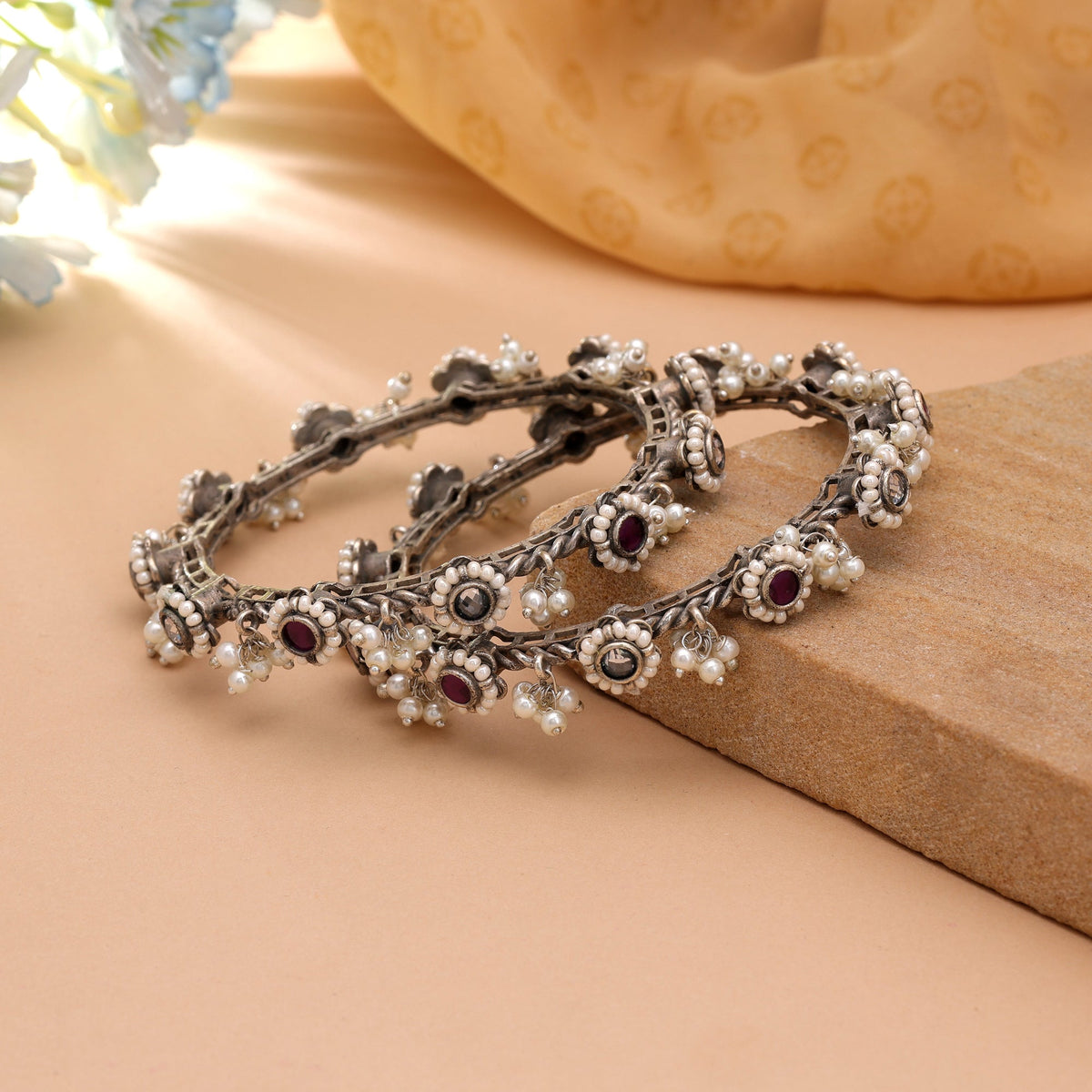 Pink & White Color Two Tone Oxidised Openable Bangles With Elegant Ethnic Design