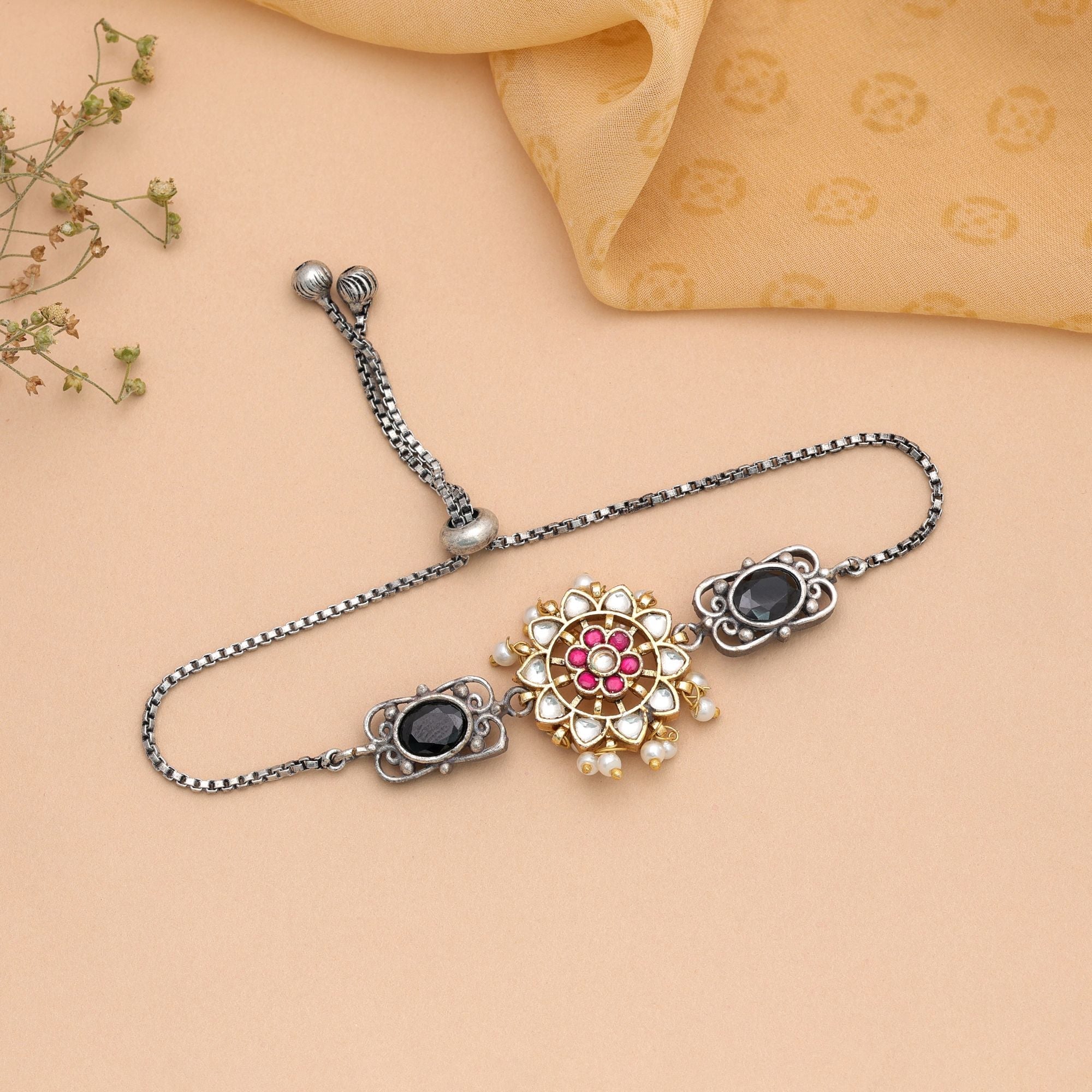 Pink & Black Color Two Tone Oxidised Adjustable Bracelet