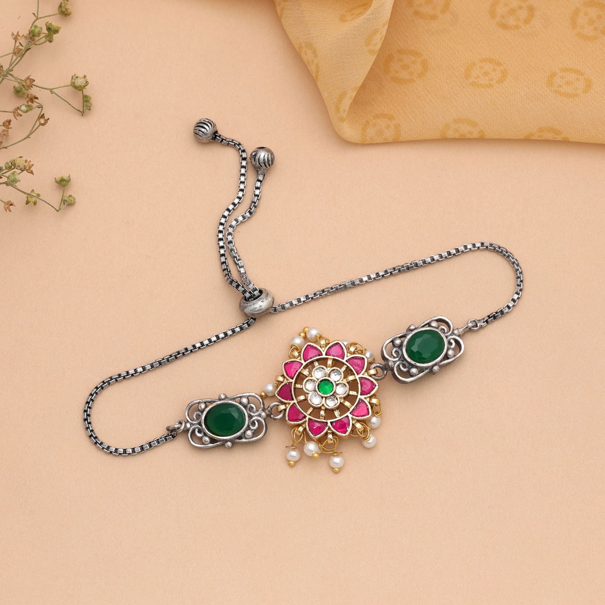 Pink & Green Color Two Tone Oxidised Adjustable Bracelet