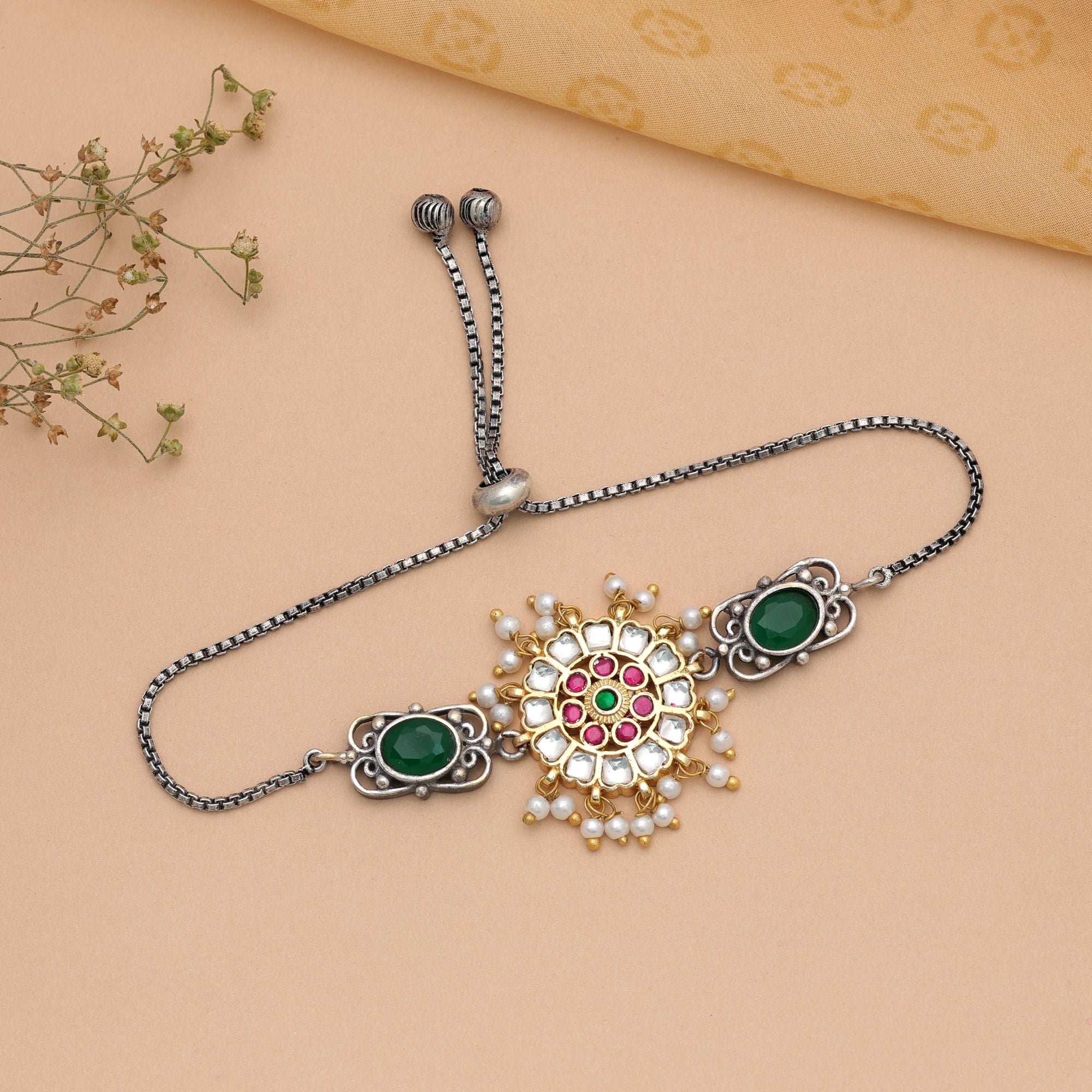 White & Green Color Two Tone Oxidised Adjustable Bracelet